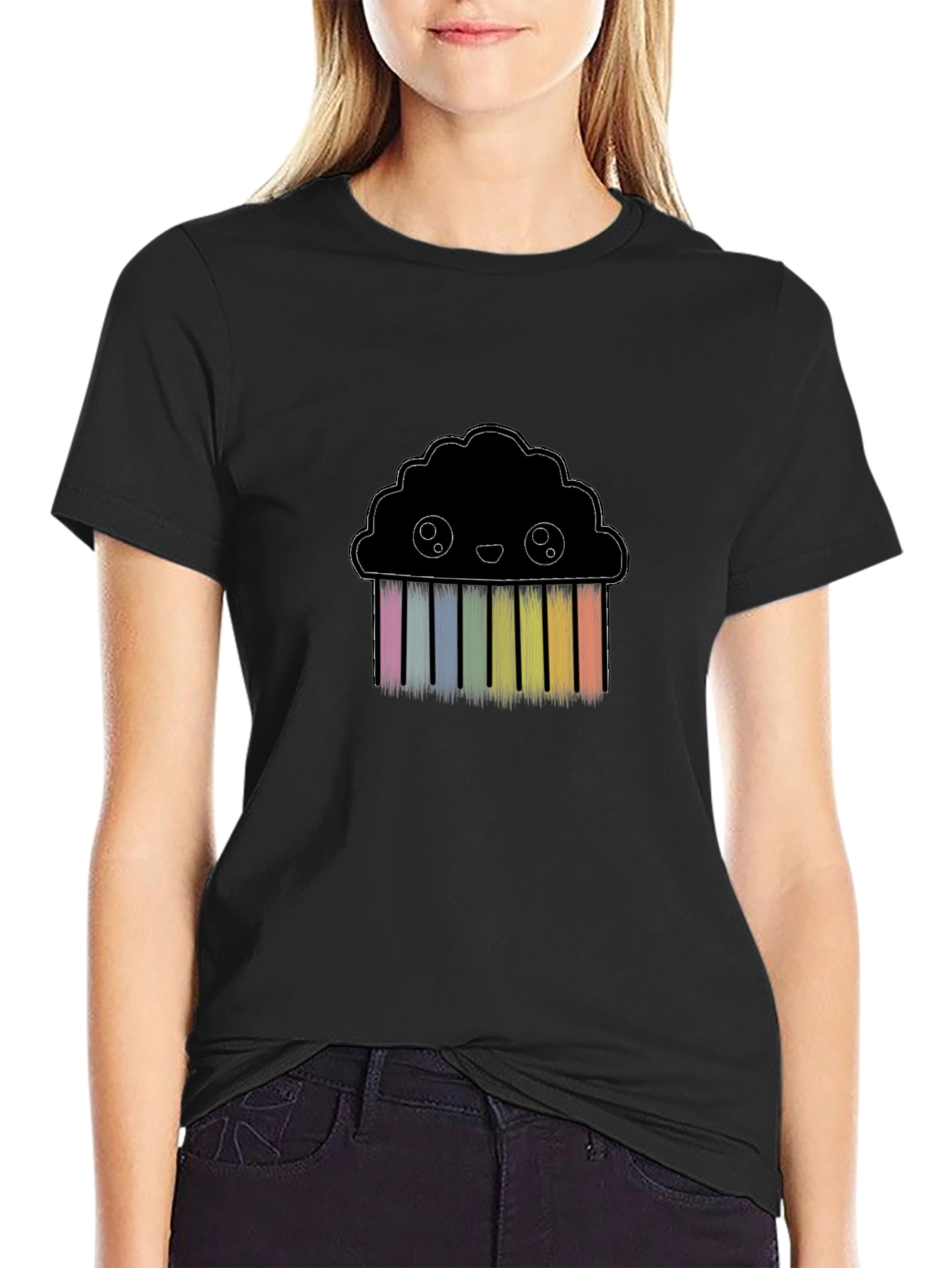 Cute Rainbow Cloud Graphic Black T-Shirt