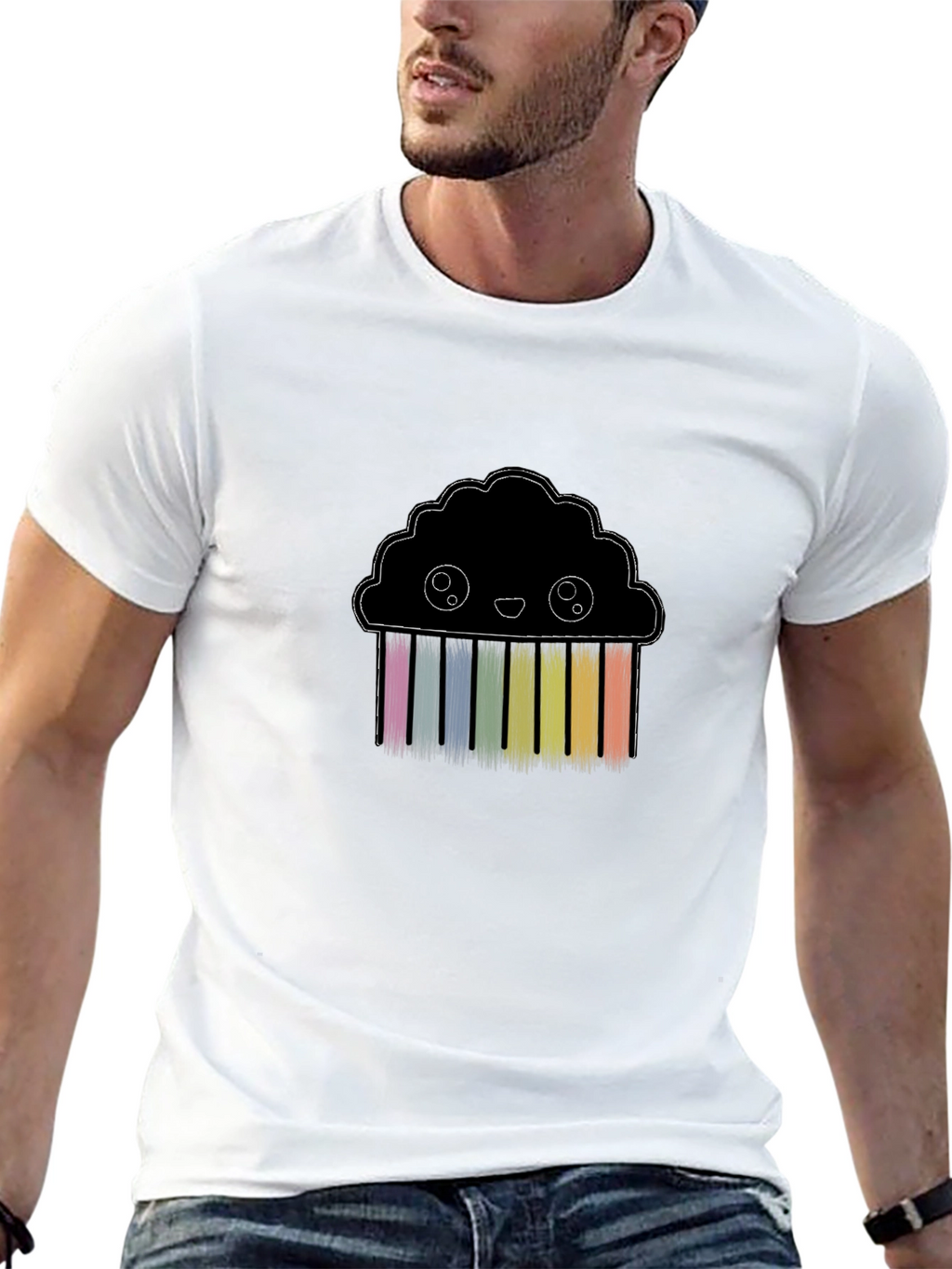 Cute Rainbow Cloud Graphic Black T-Shirt