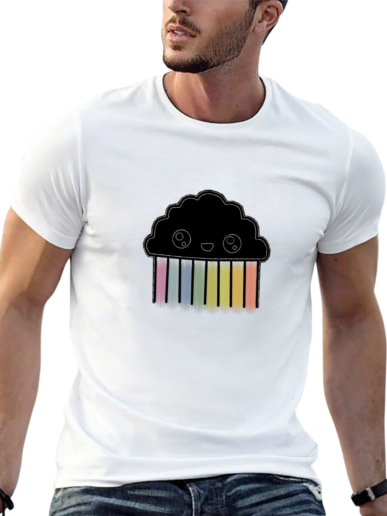 Cute Rainbow Cloud Graphic Black T-Shirt