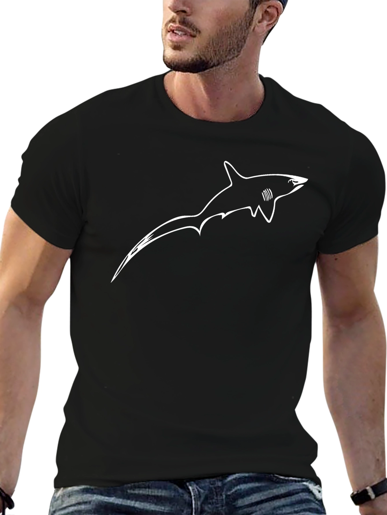 Black T-Shirt with White Shark Graphic