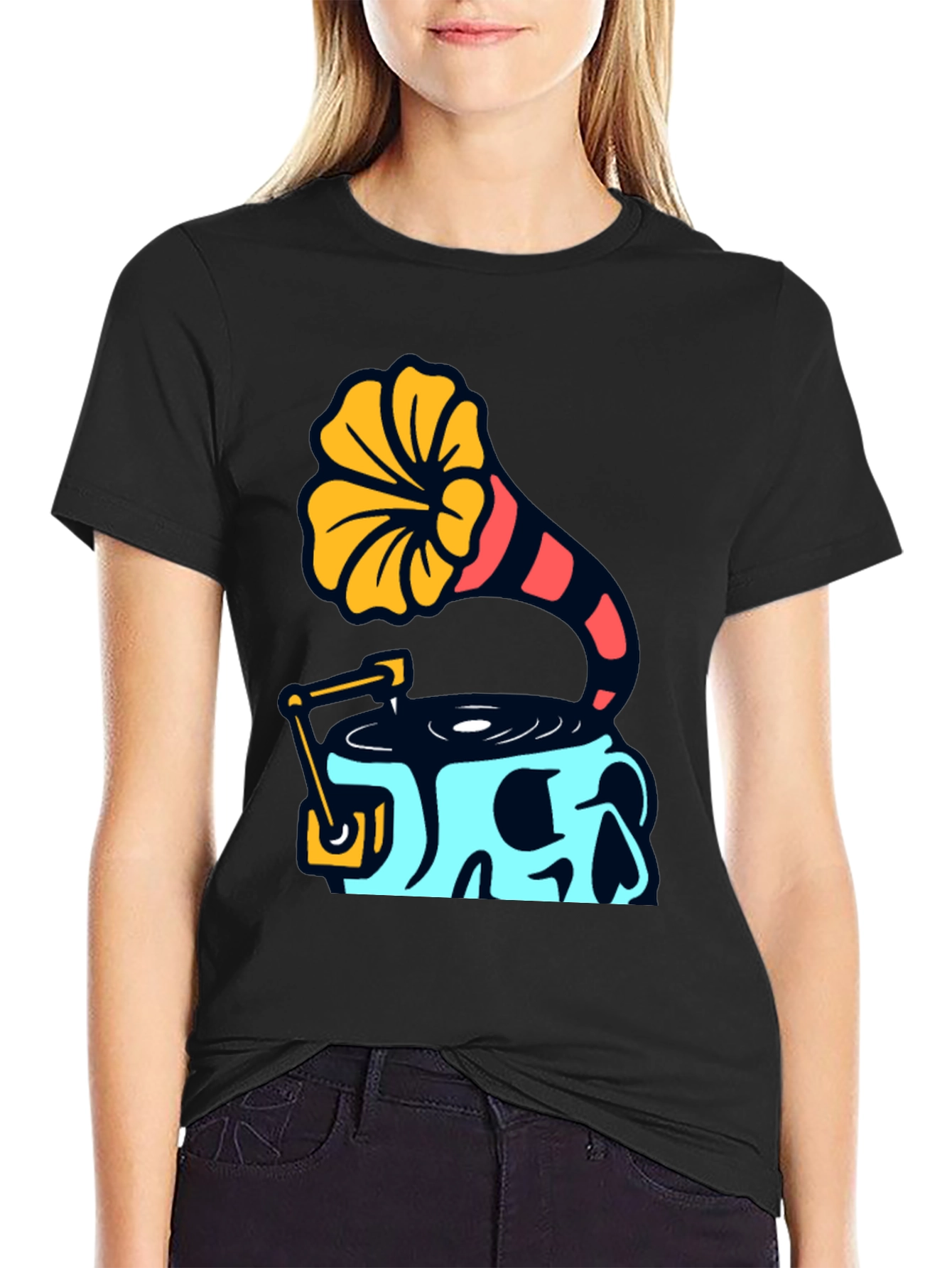 Skull Phonograph Graphic Tee - Retro Music Style