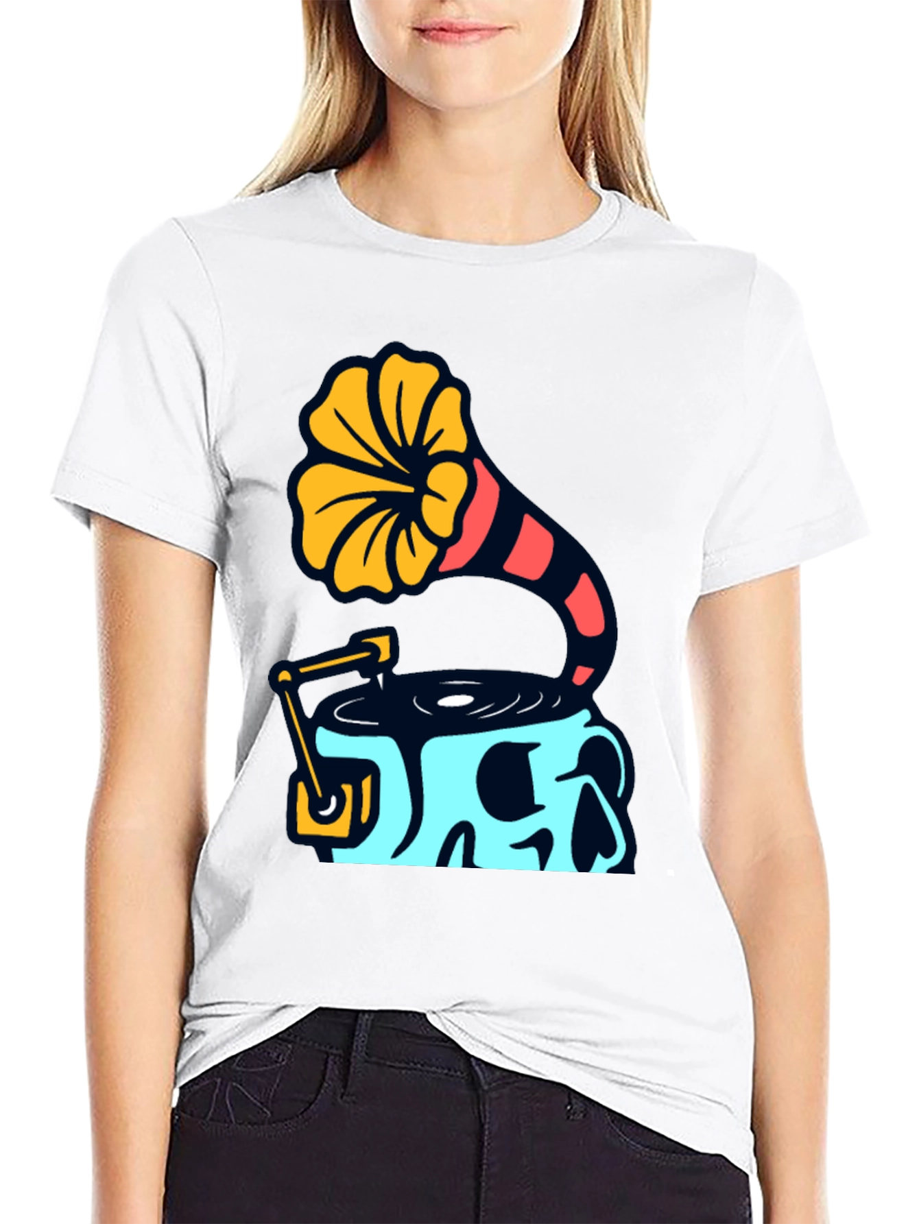 Skull Phonograph Graphic Tee - Retro Music Style