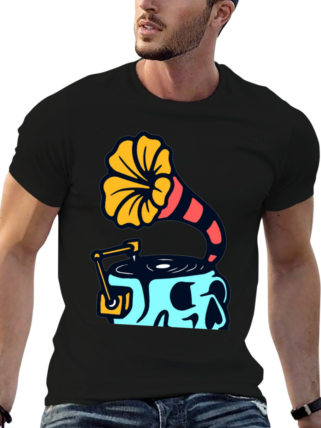 Skull Phonograph Graphic Tee - Retro Music Style