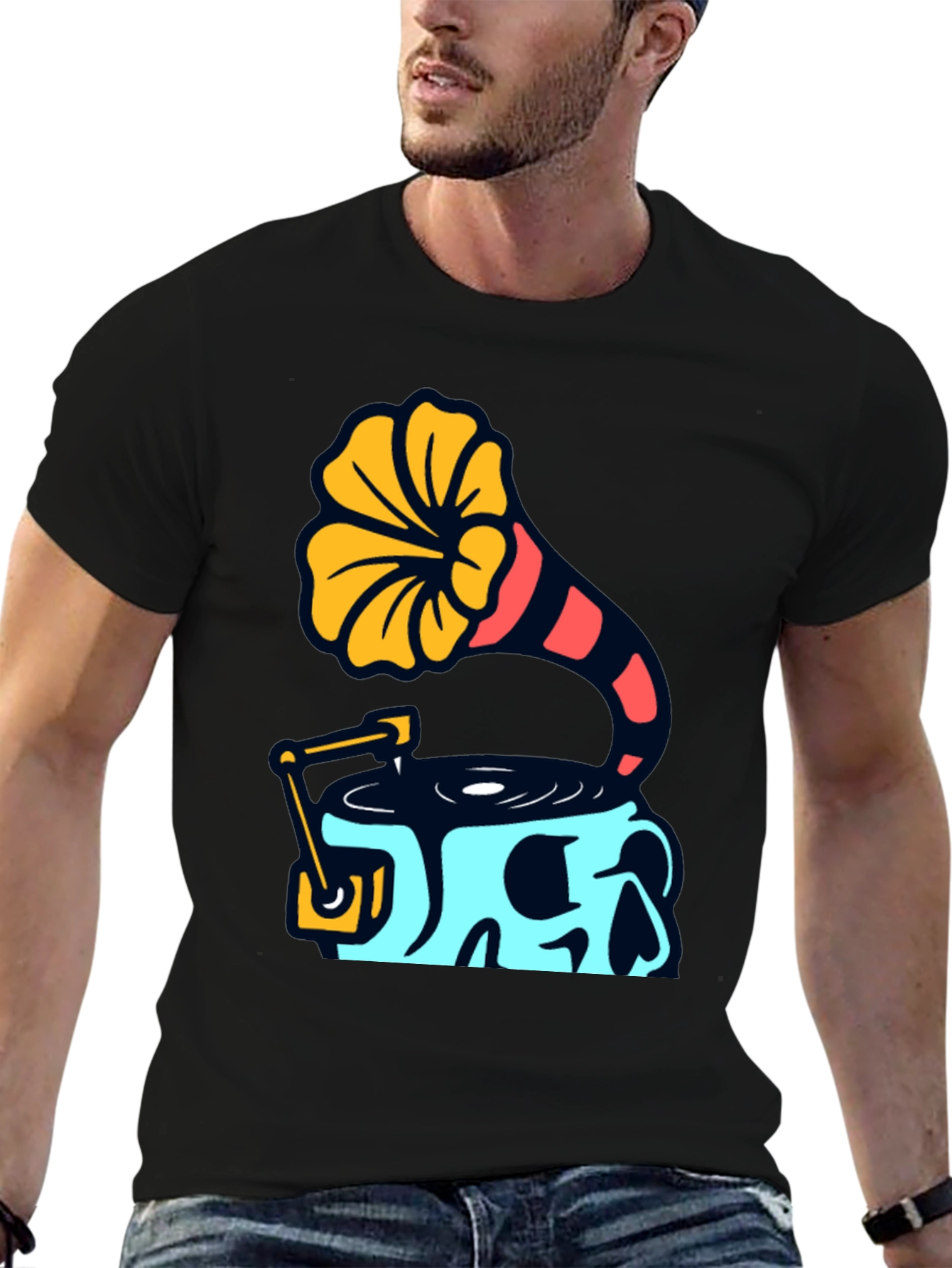 Skull Phonograph Graphic Tee - Retro Music Style