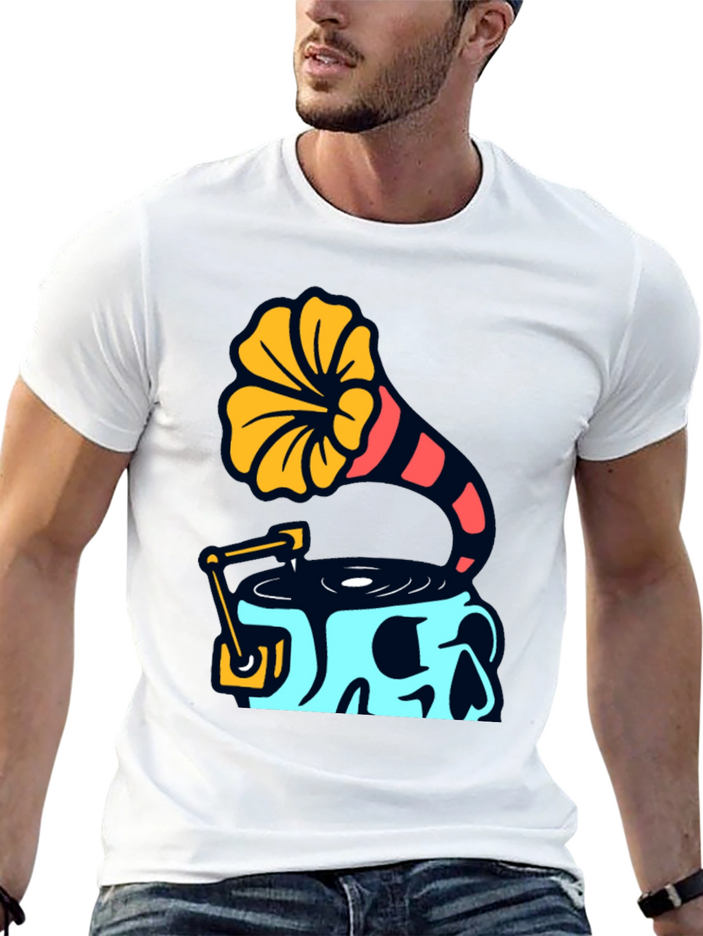 Skull Phonograph Graphic Tee - Retro Music Style