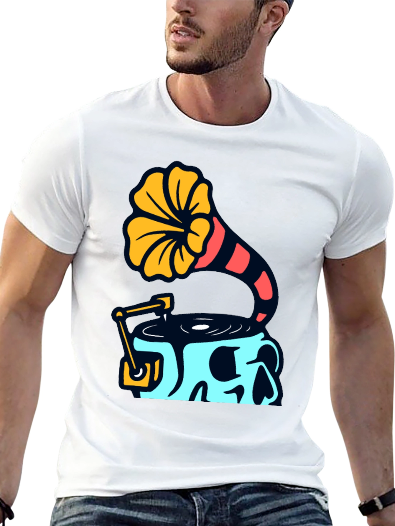 Skull Phonograph Graphic Tee - Retro Music Style