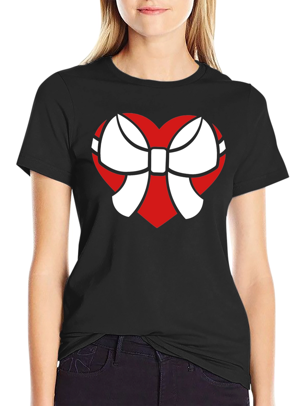 Heart Bow Graphic Tee - Stylish Black Cotton T-Shirt
