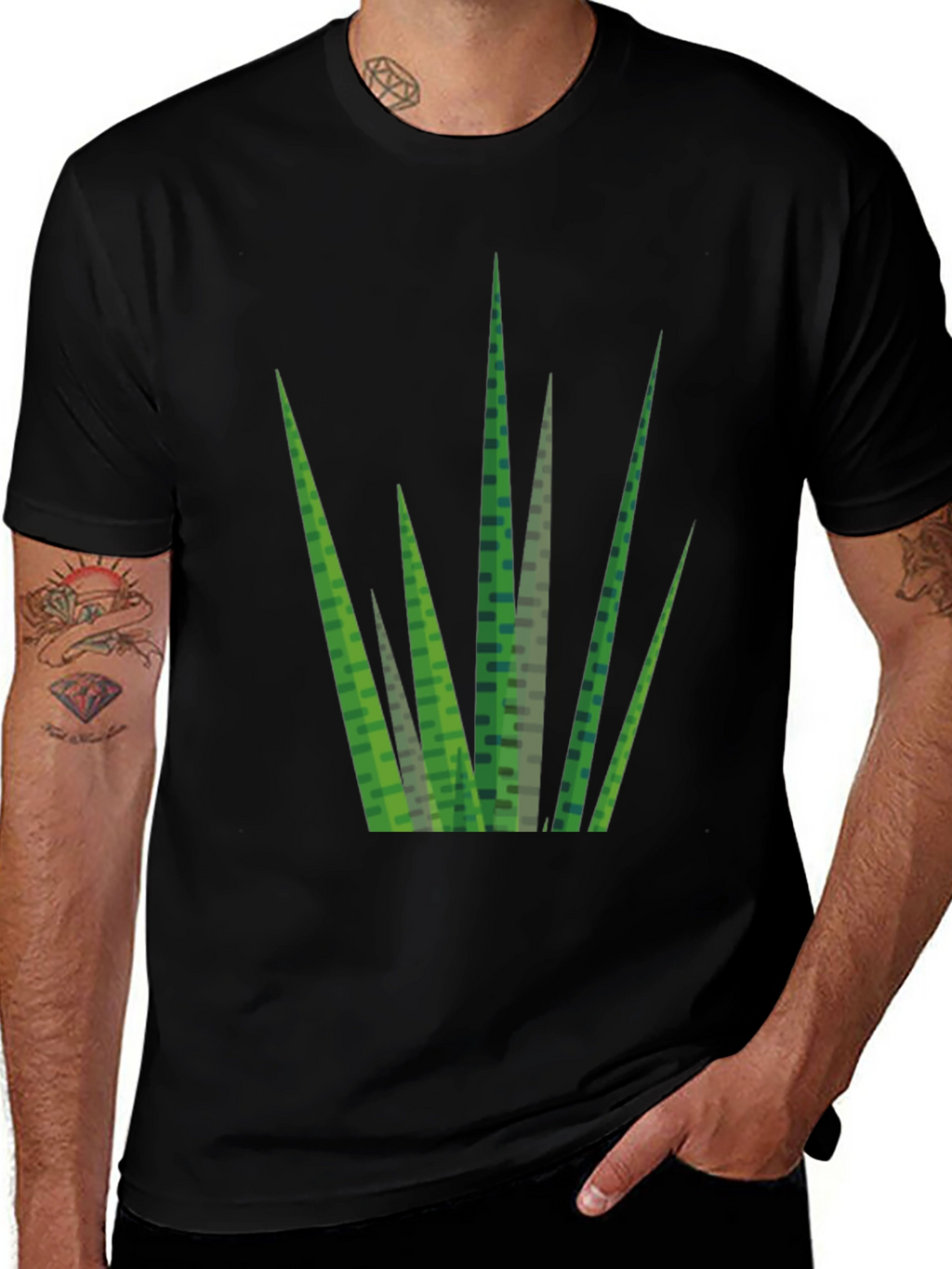 Geometric Grass Print Black T-Shirt