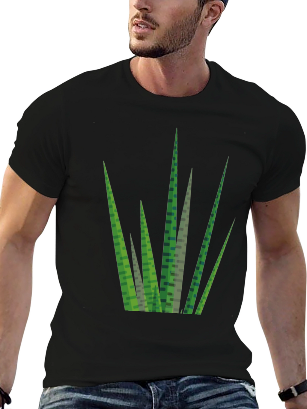 Geometric Grass Print Black T-Shirt