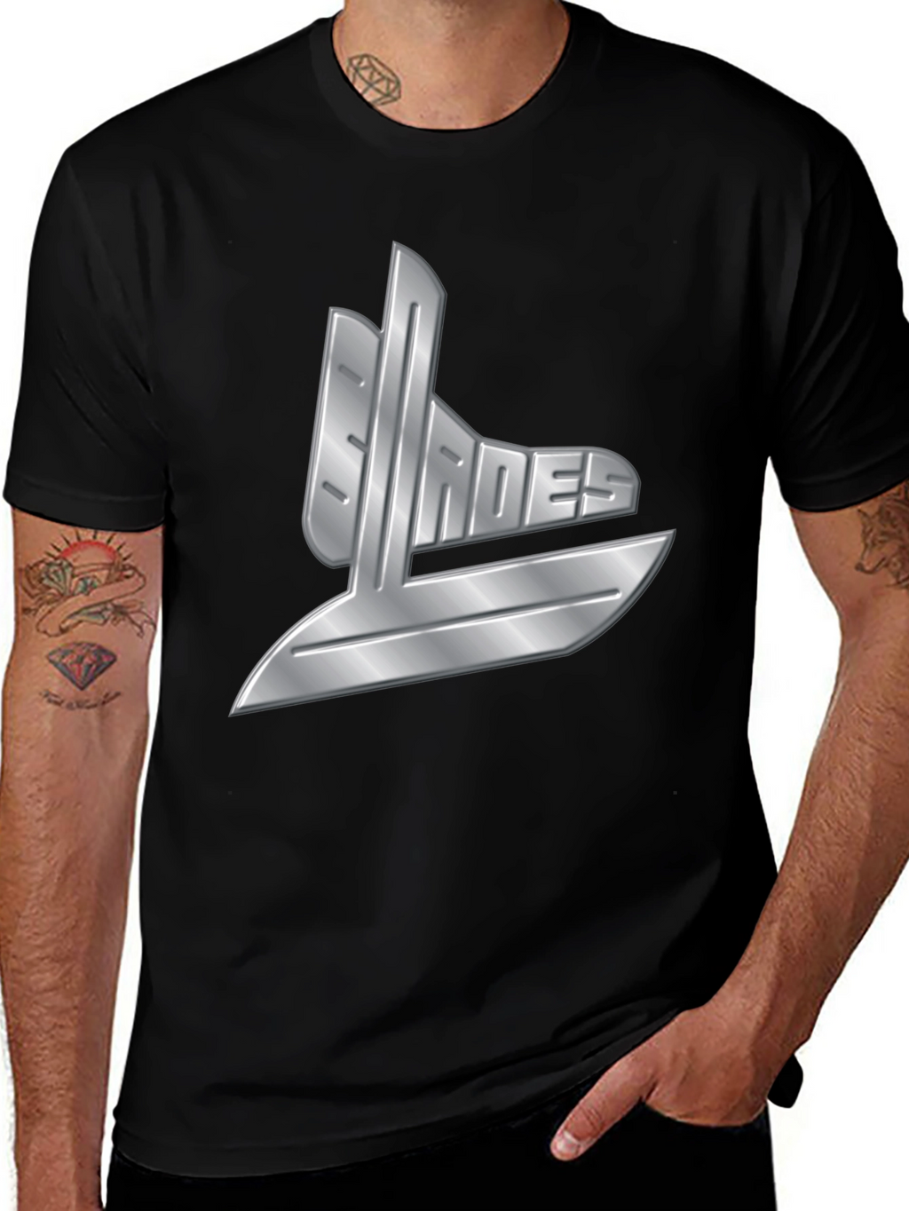 Mens Black T-Shirt with Silver Graphic Design