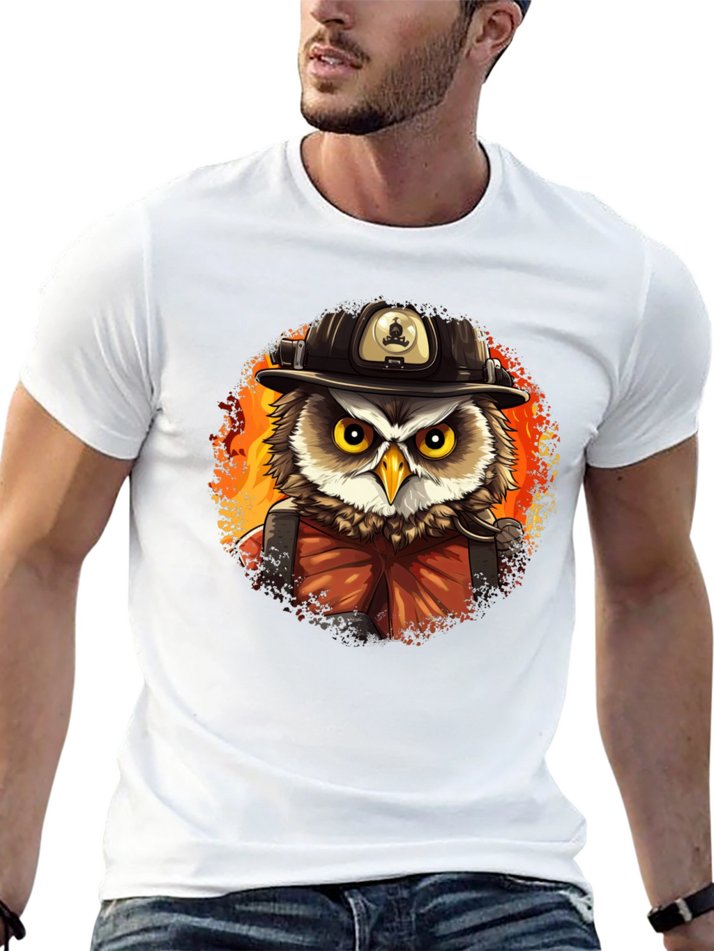 Firefighter Owl T-Shirt - Cartoon Style
