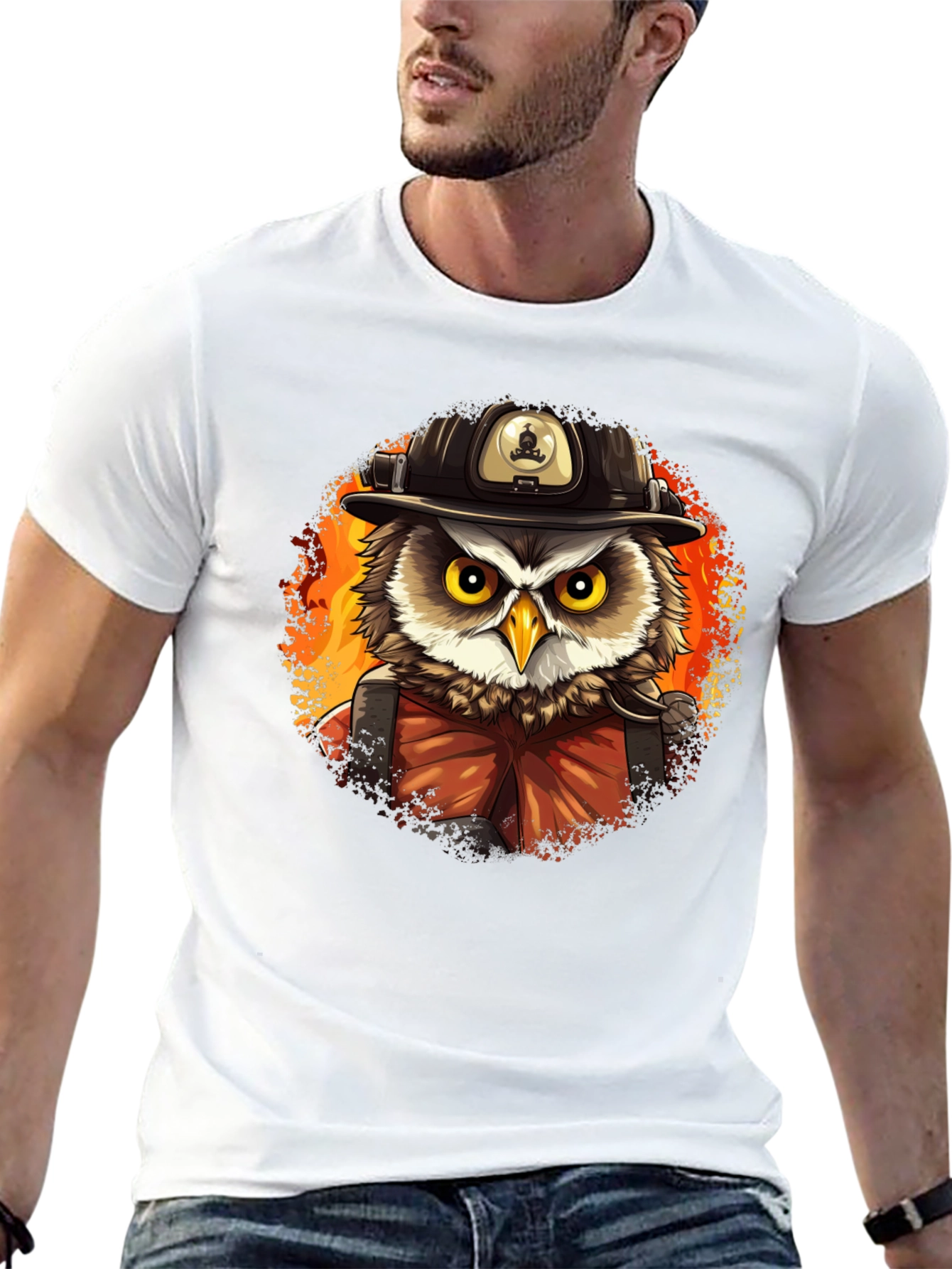 Firefighter Owl T-Shirt - Cartoon Style