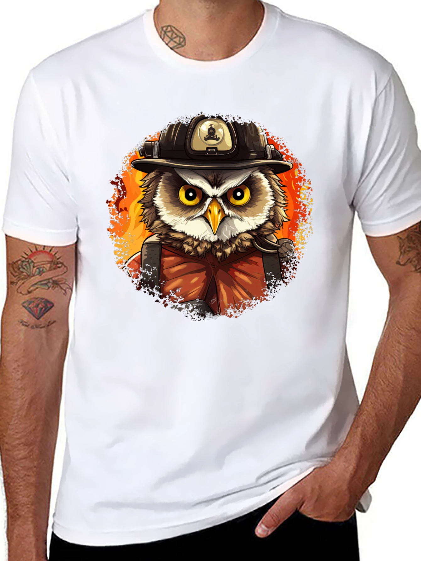 Firefighter Owl T-Shirt - Cartoon Style