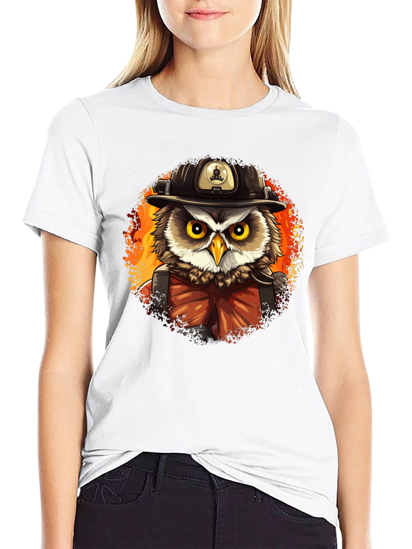 Firefighter Owl T-Shirt - Cartoon Style