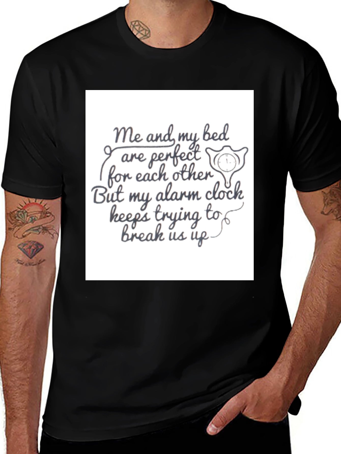 Funny Bed & Alarm Clock Black Graphic T-Shirt