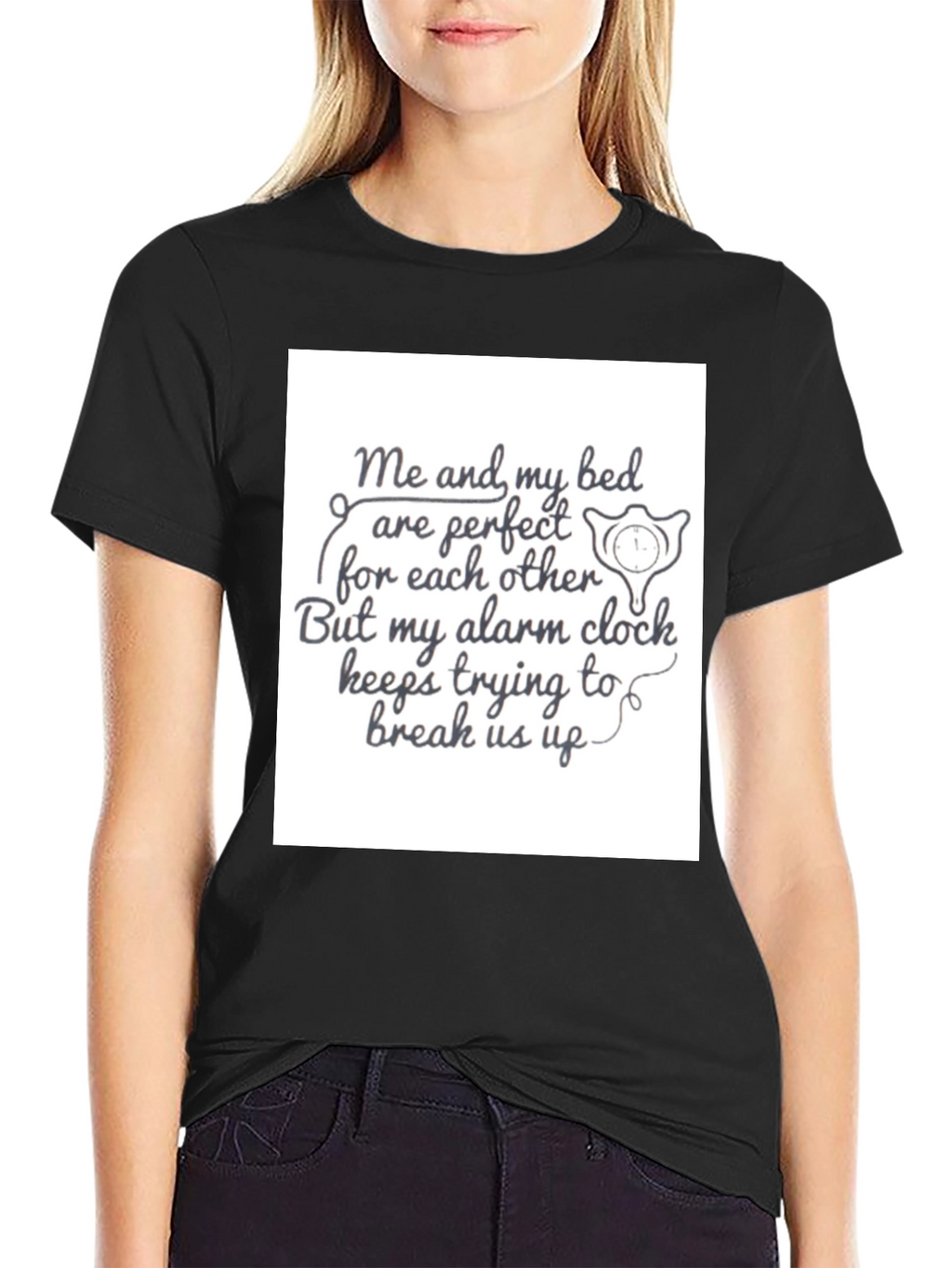 Funny Bed & Alarm Clock Black Graphic T-Shirt