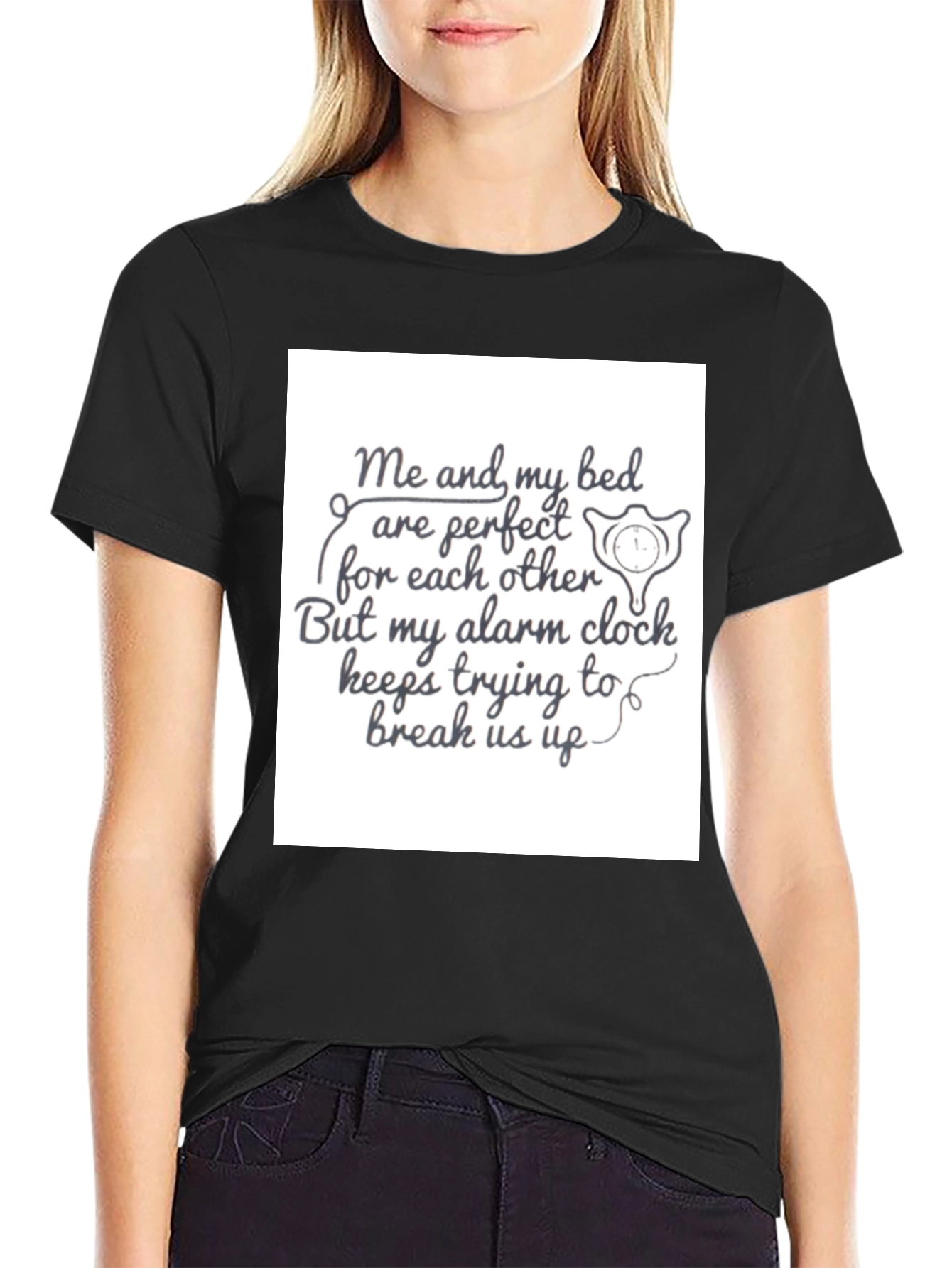 Funny Bed & Alarm Clock Black Graphic T-Shirt