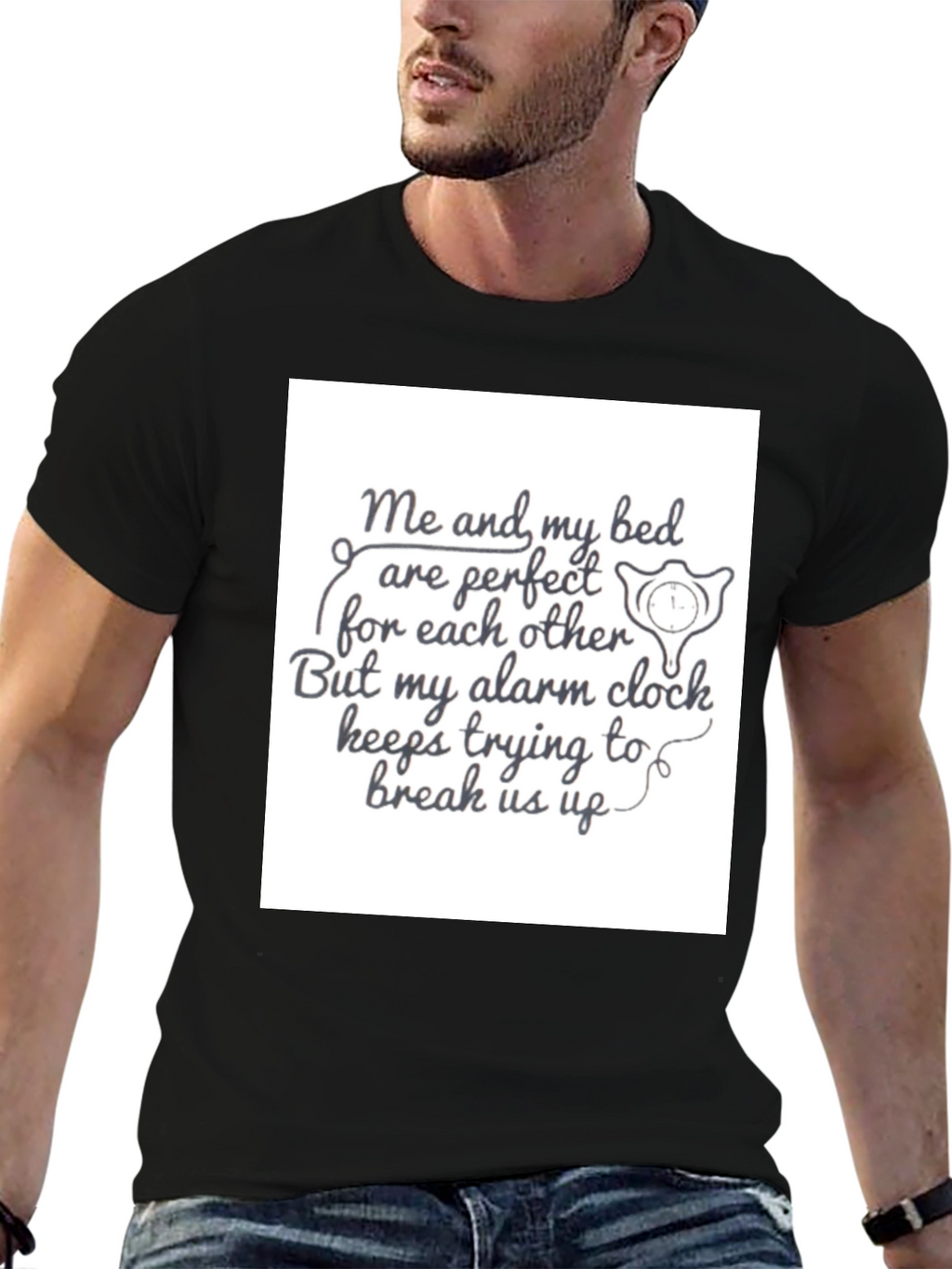 Funny Bed & Alarm Clock Black Graphic T-Shirt