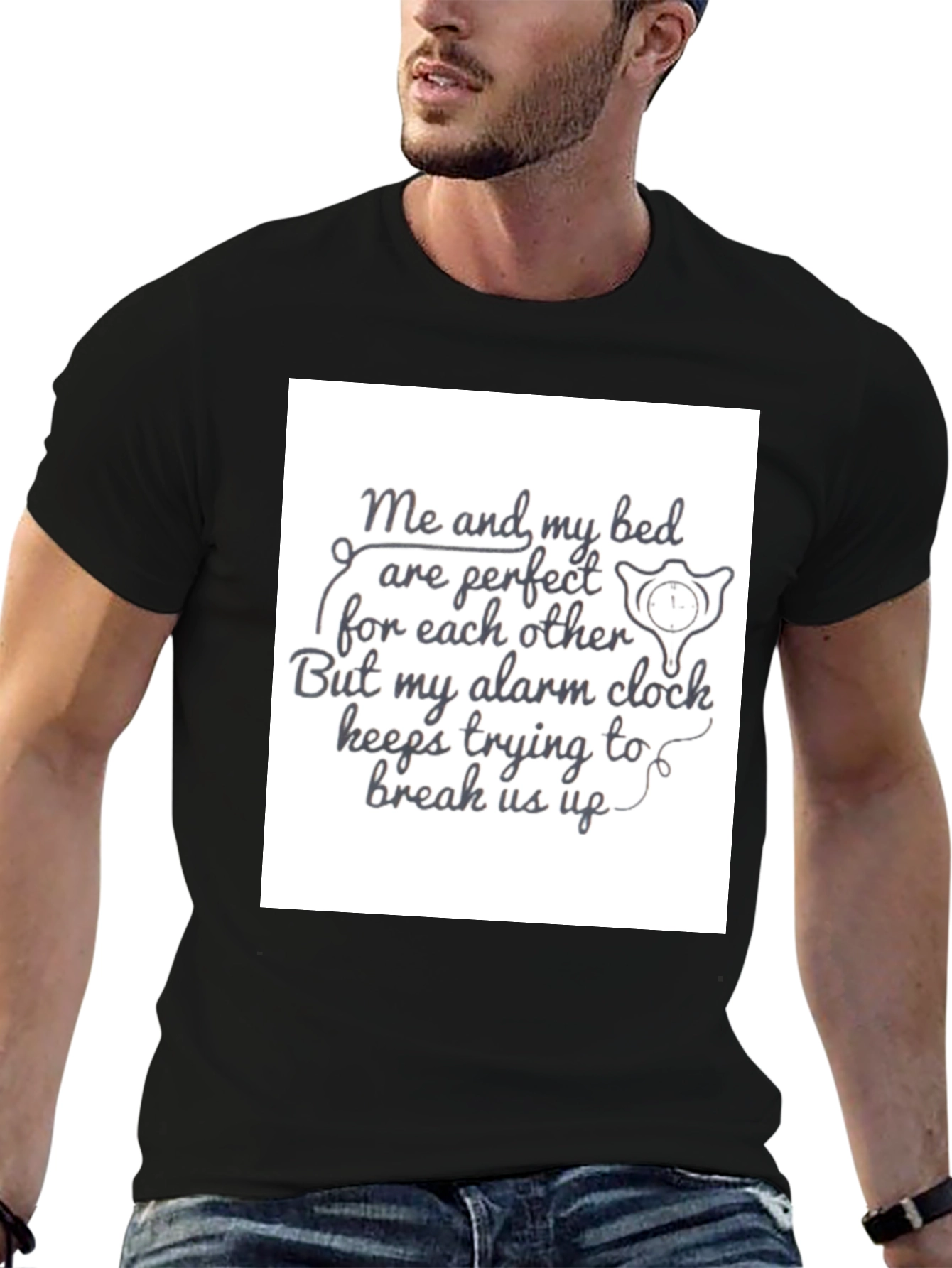 Funny Bed & Alarm Clock Black Graphic T-Shirt