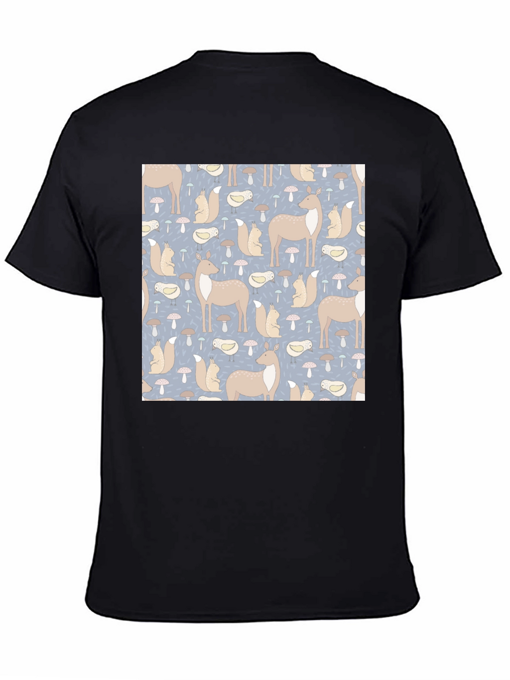 Woodland Animal Pattern Black Crew Neck Tee
