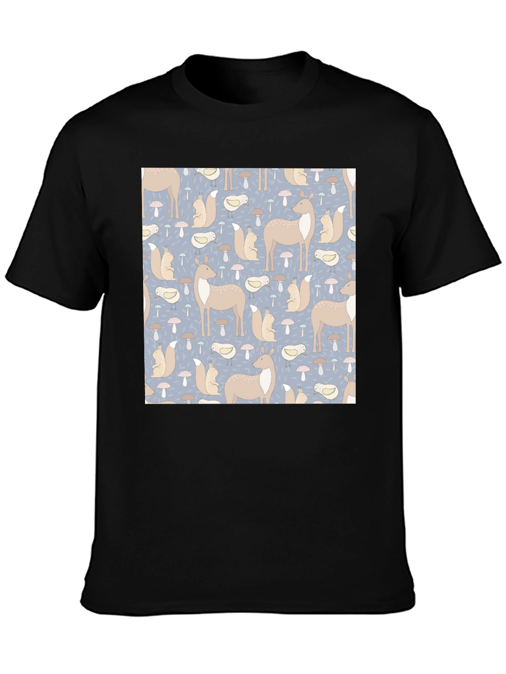 Woodland Animal Pattern Black Crew Neck Tee