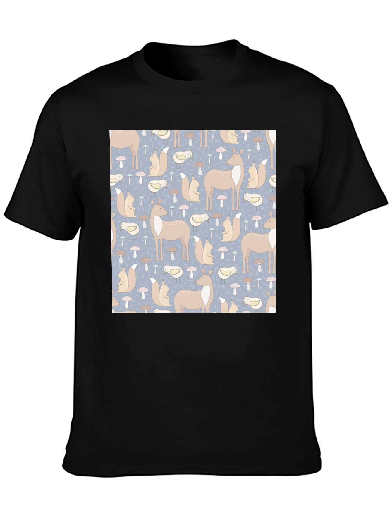 Woodland Animal Pattern Black Crew Neck Tee