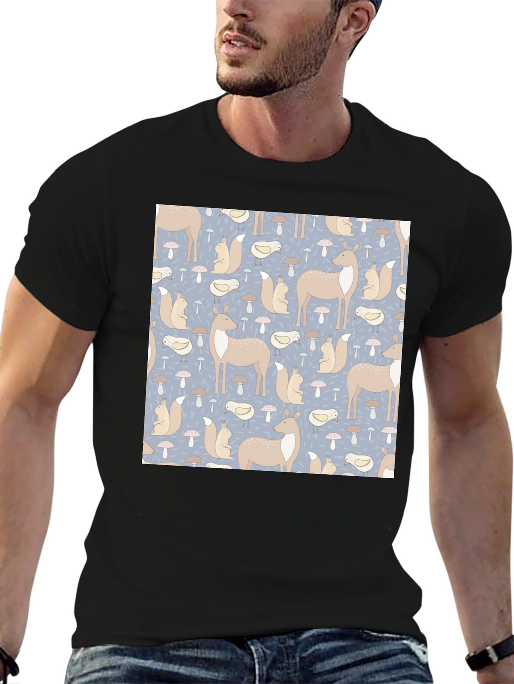 Woodland Animal Pattern Black Crew Neck Tee
