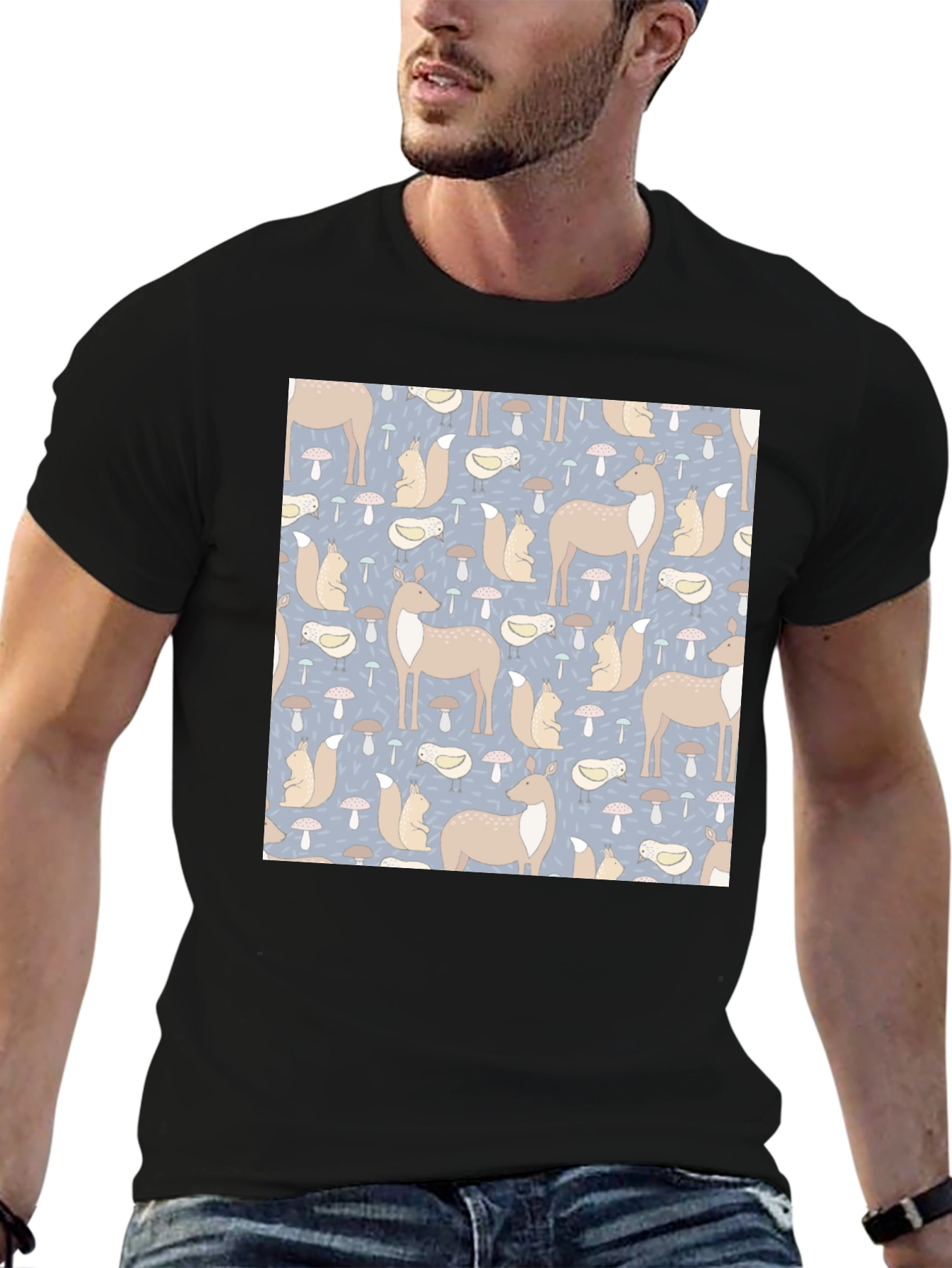 Woodland Animal Pattern Black Crew Neck Tee