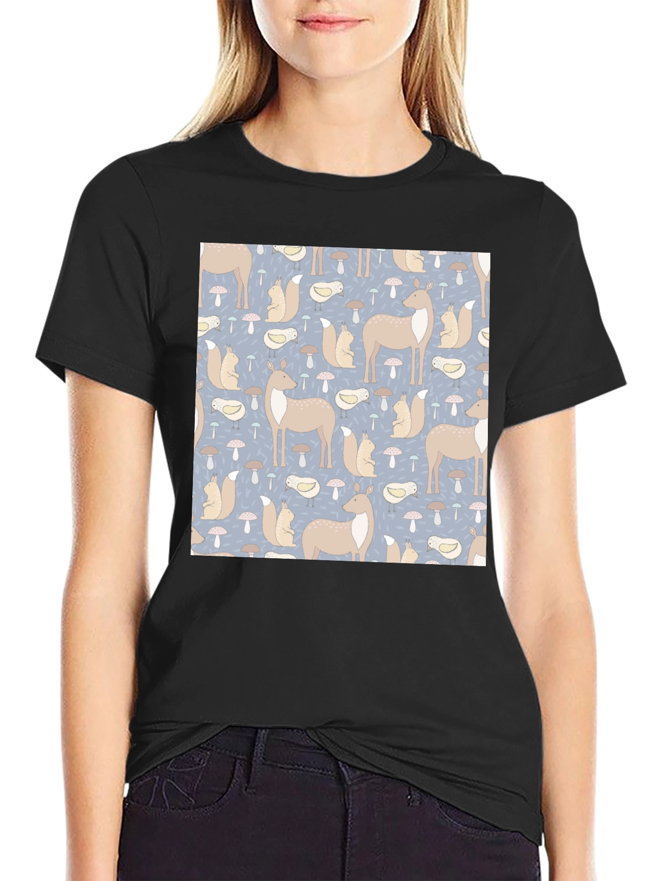 Woodland Animal Pattern Black Crew Neck Tee