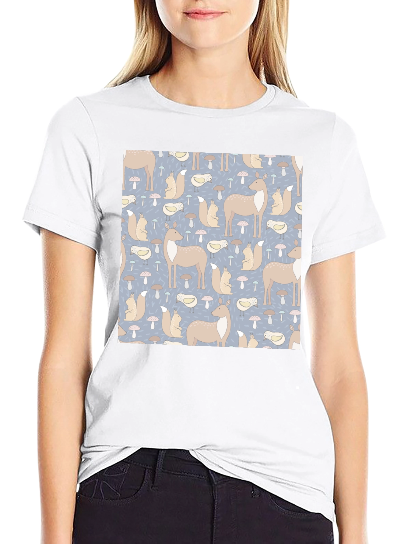 Woodland Animal Pattern Black Crew Neck Tee