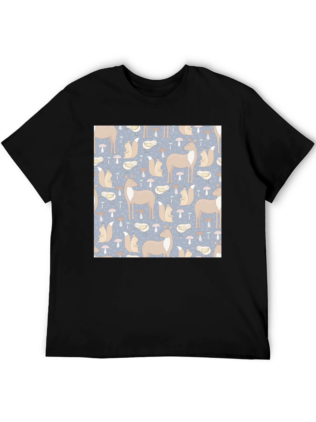 Woodland Animal Pattern Black Crew Neck Tee