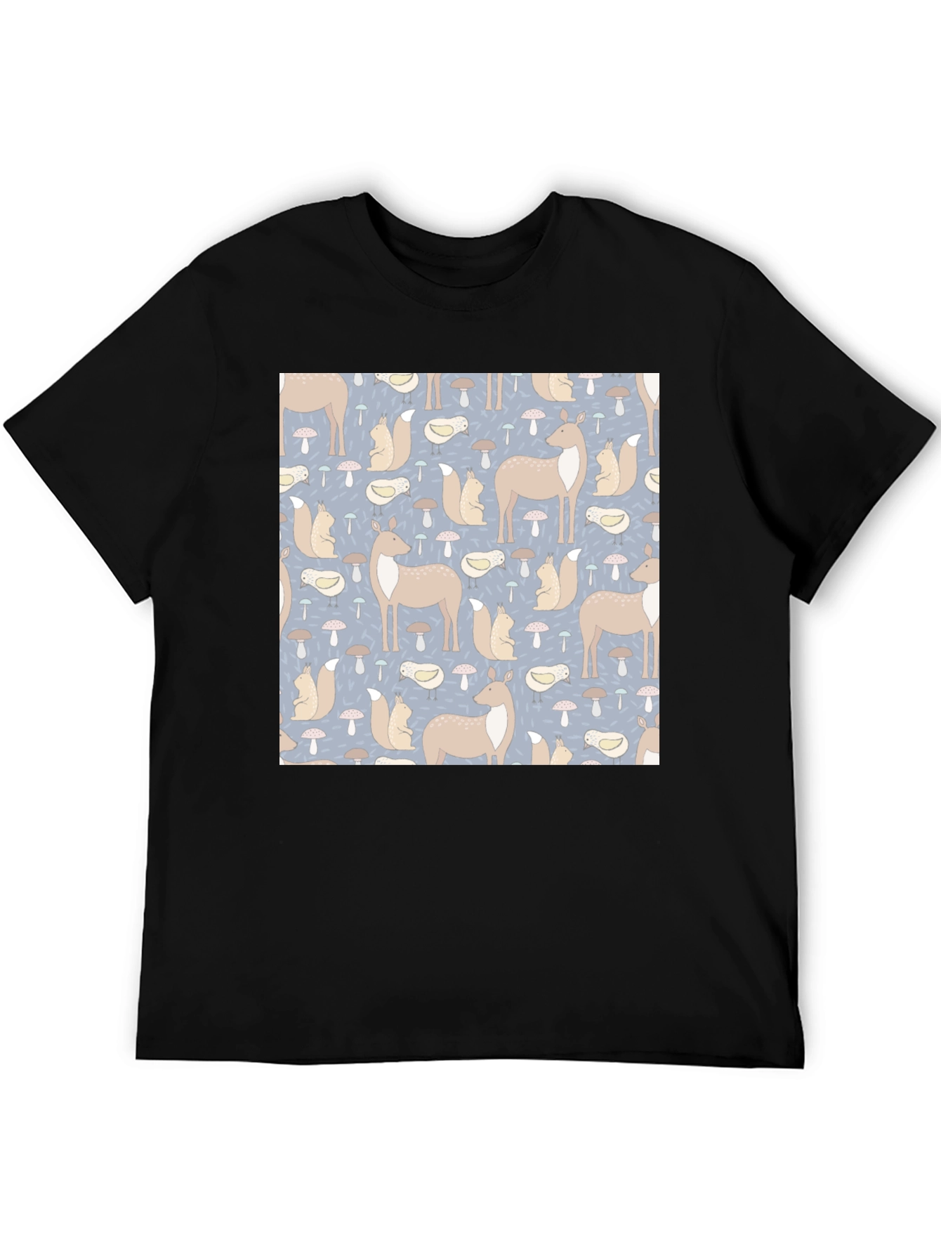 Woodland Animal Pattern Black Crew Neck Tee