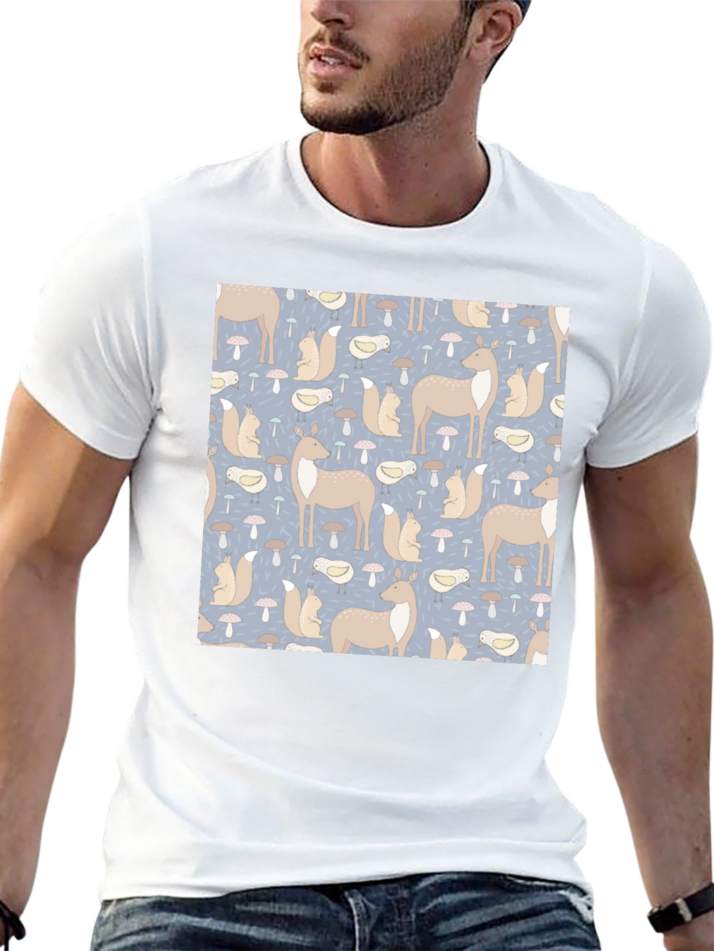 Woodland Animal Pattern Black Crew Neck Tee