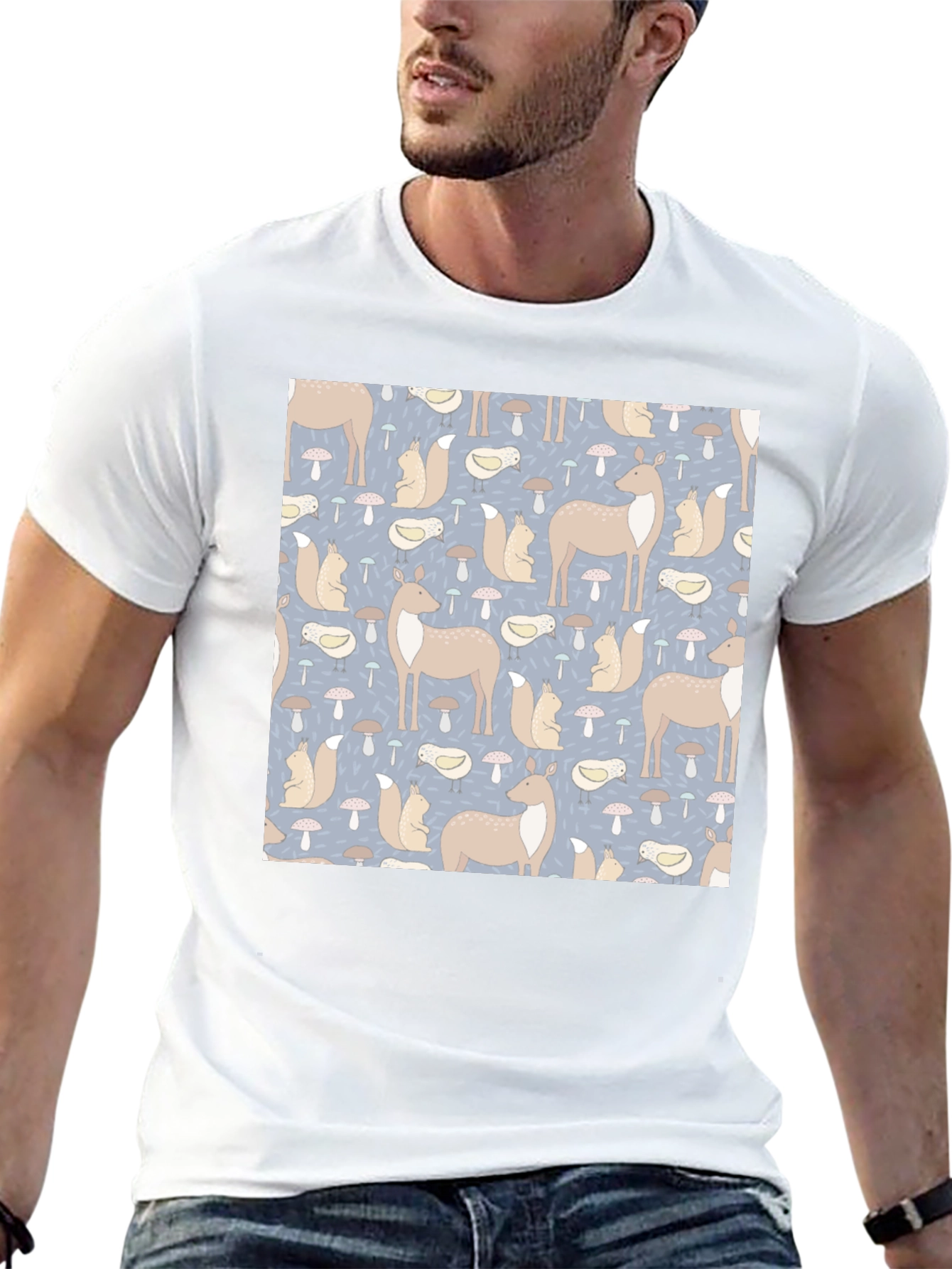 Woodland Animal Pattern Black Crew Neck Tee