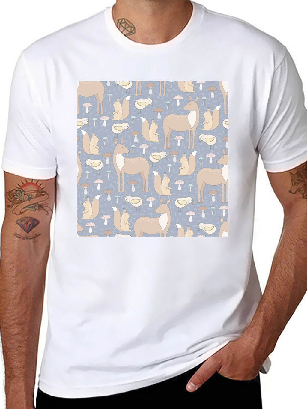 Woodland Animal Pattern Black Crew Neck Tee