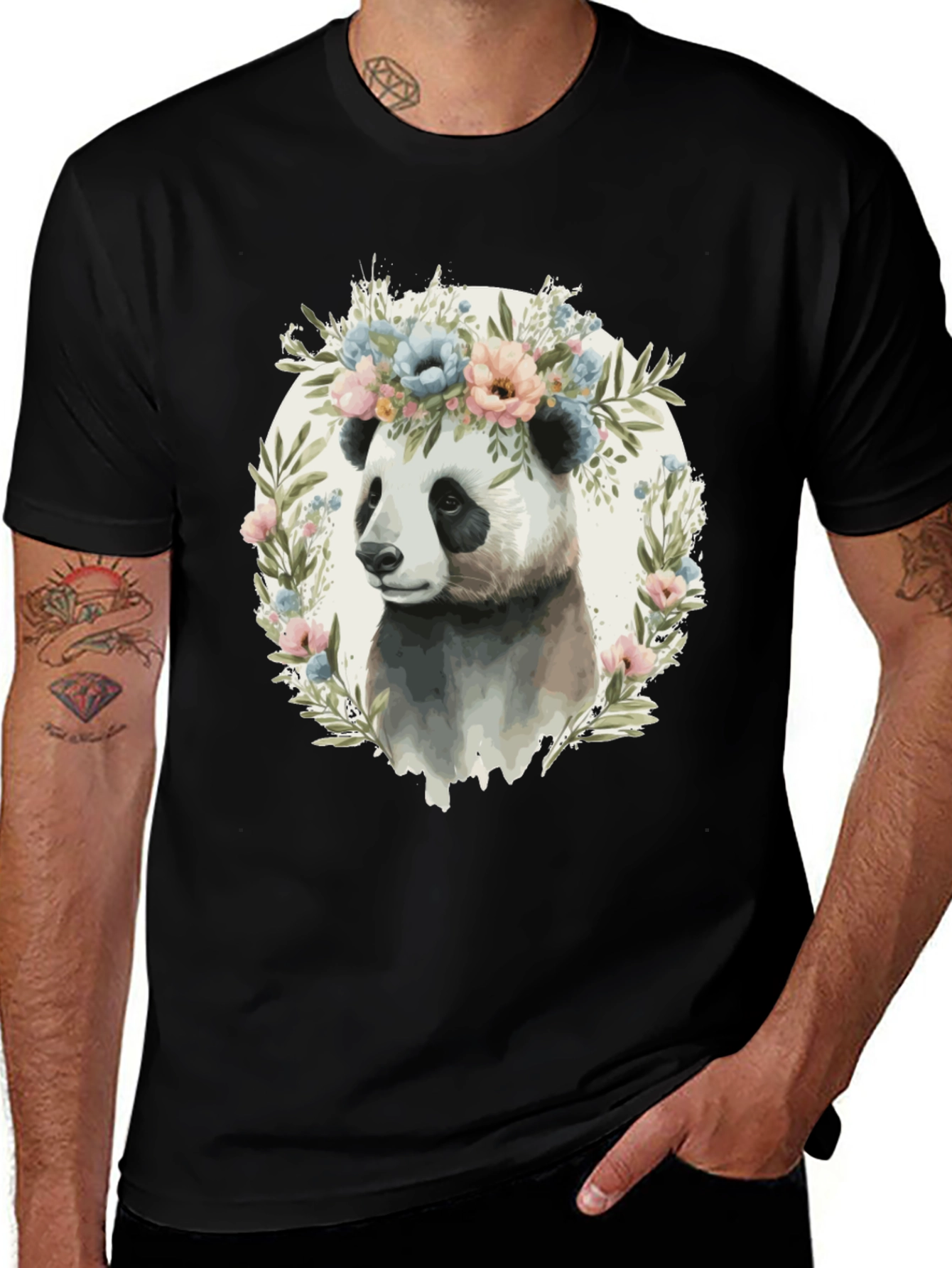 Panda Floral Wreath Graphic Tee - Unique Animal Lover Shirt