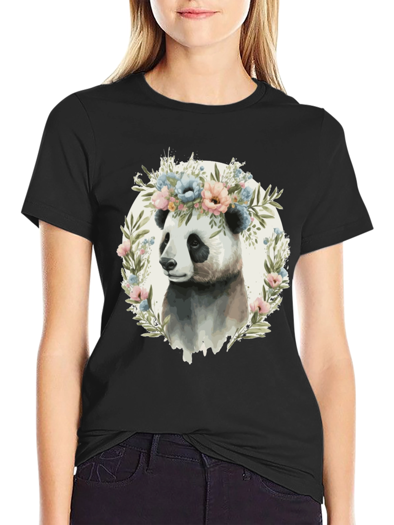 Panda Floral Wreath Graphic Tee - Unique Animal Lover Shirt