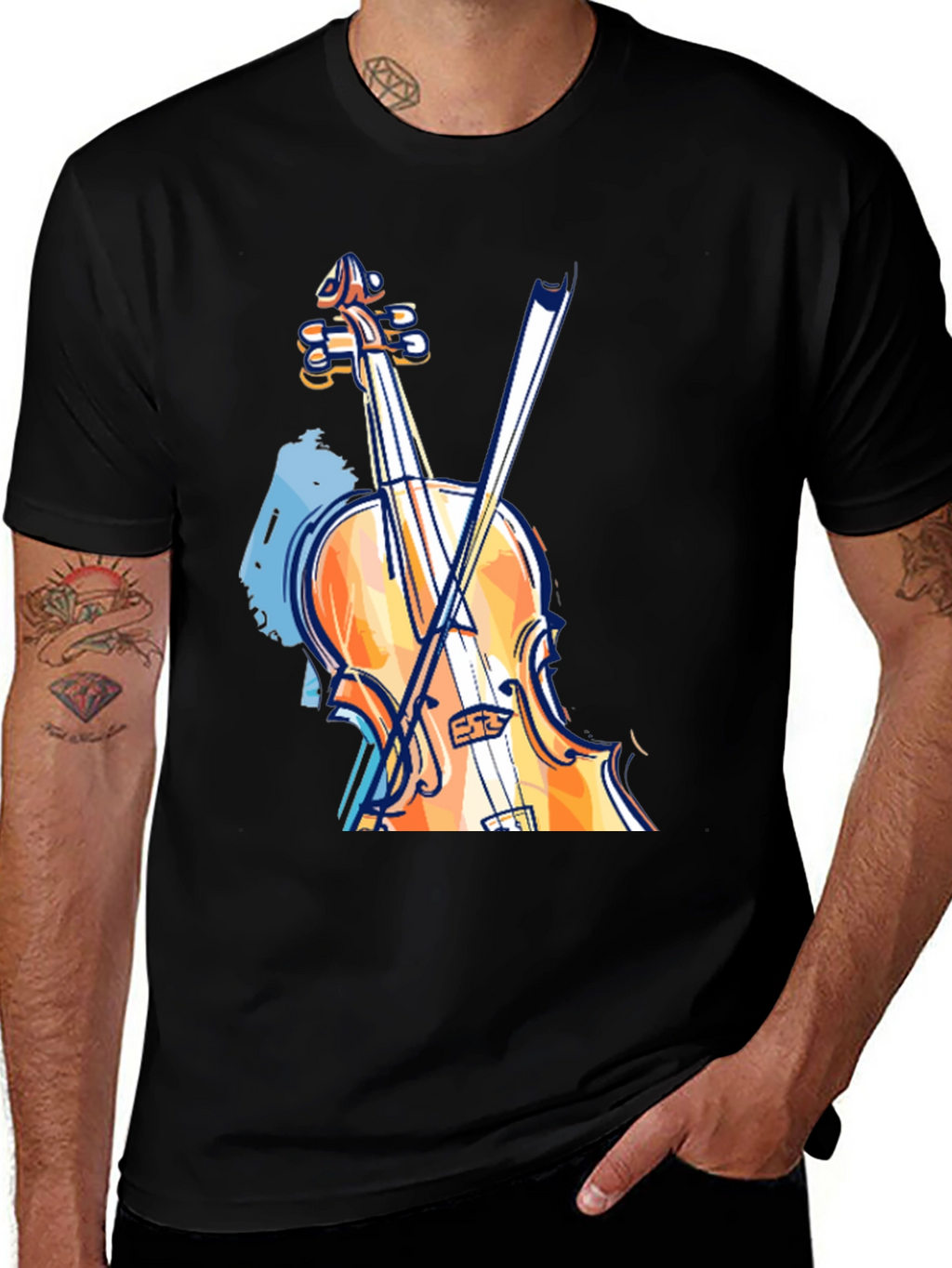Musicians Black T-Shirt with Violin Graphic