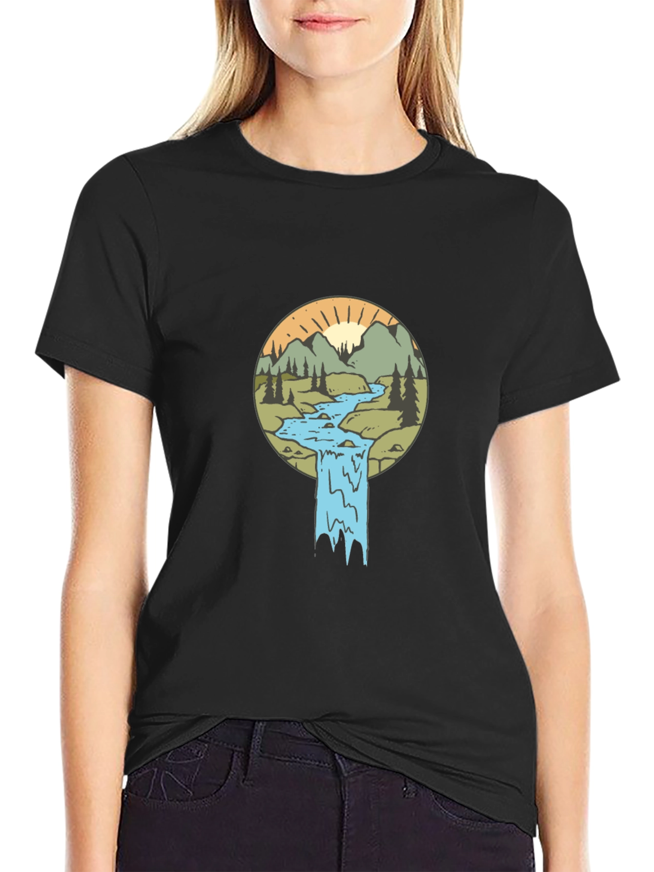 Nature Scene Graphic Tee - Black Cotton Blend