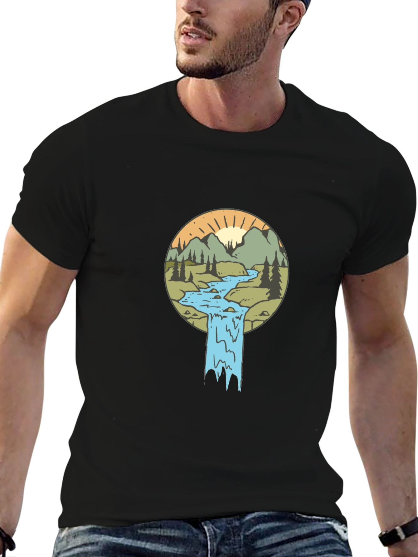 Nature Scene Graphic Tee - Black Cotton Blend