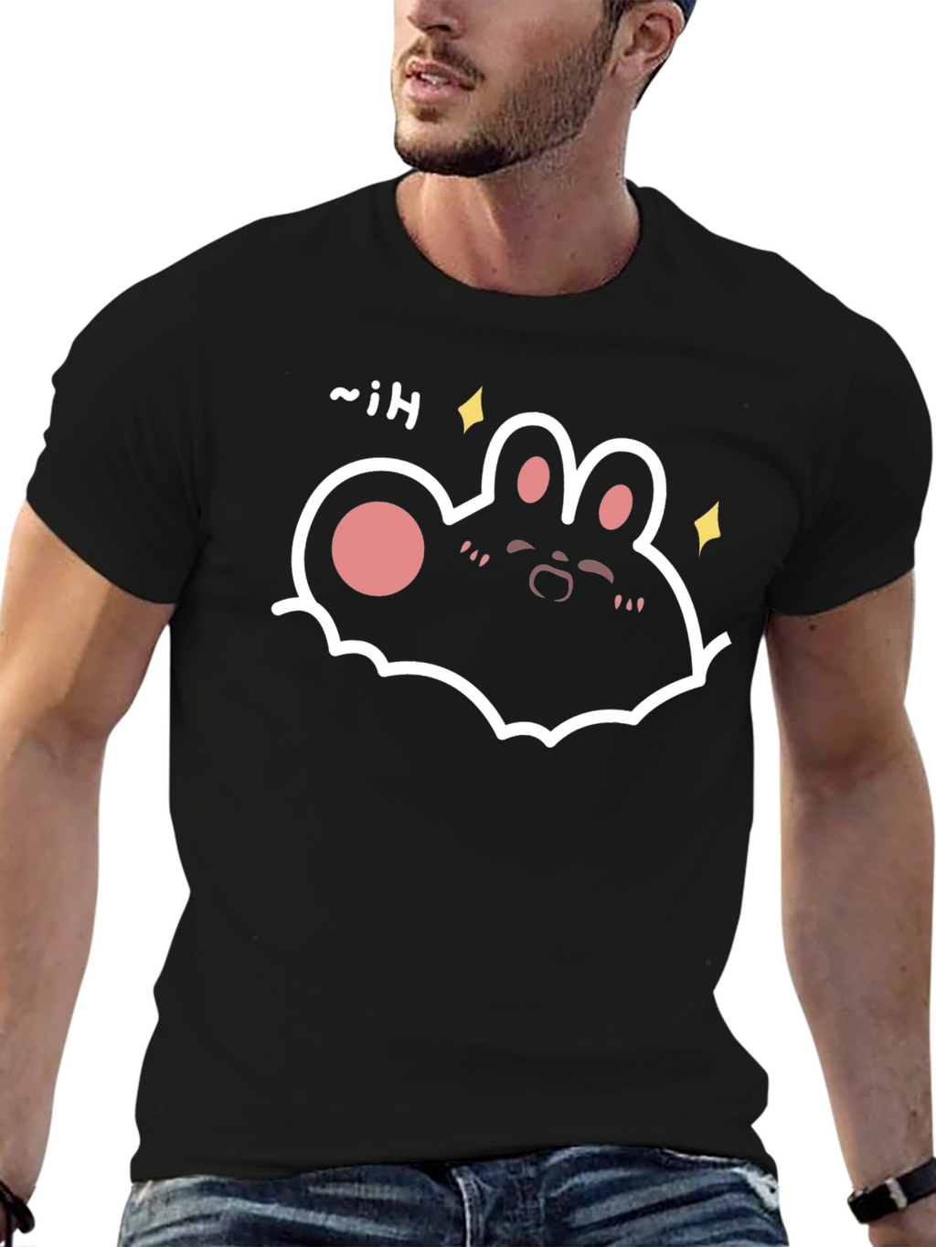 Cute Cartoon Bunny Graphic Tee - Black