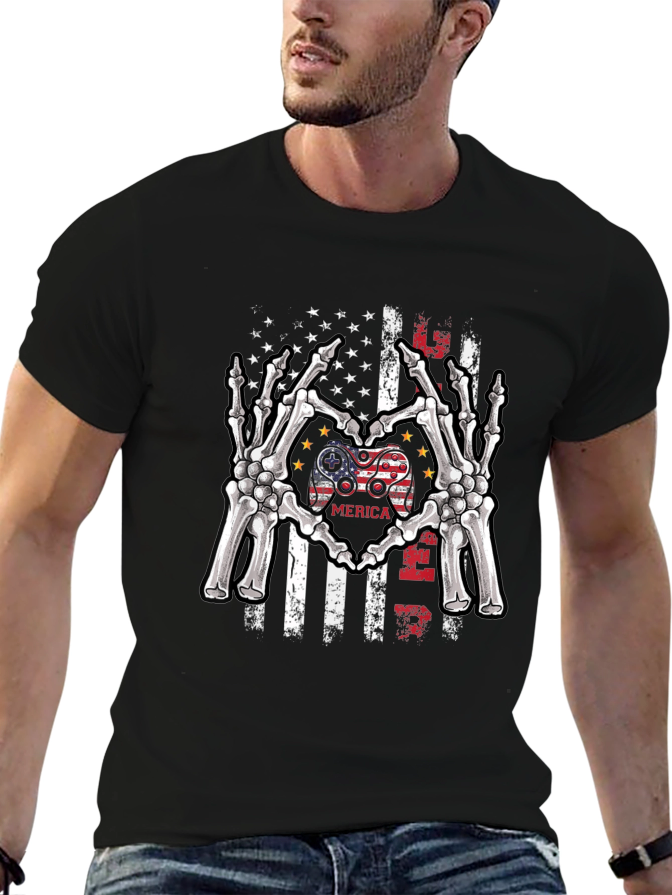 American Gamer Skeleton Hand Heart T-Shirt