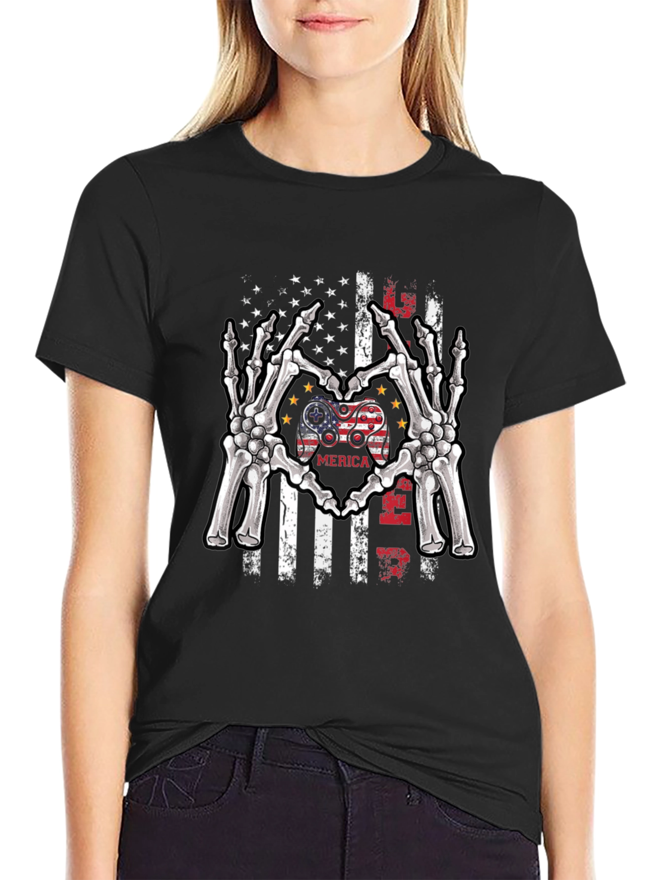 American Gamer Skeleton Hand Heart T-Shirt