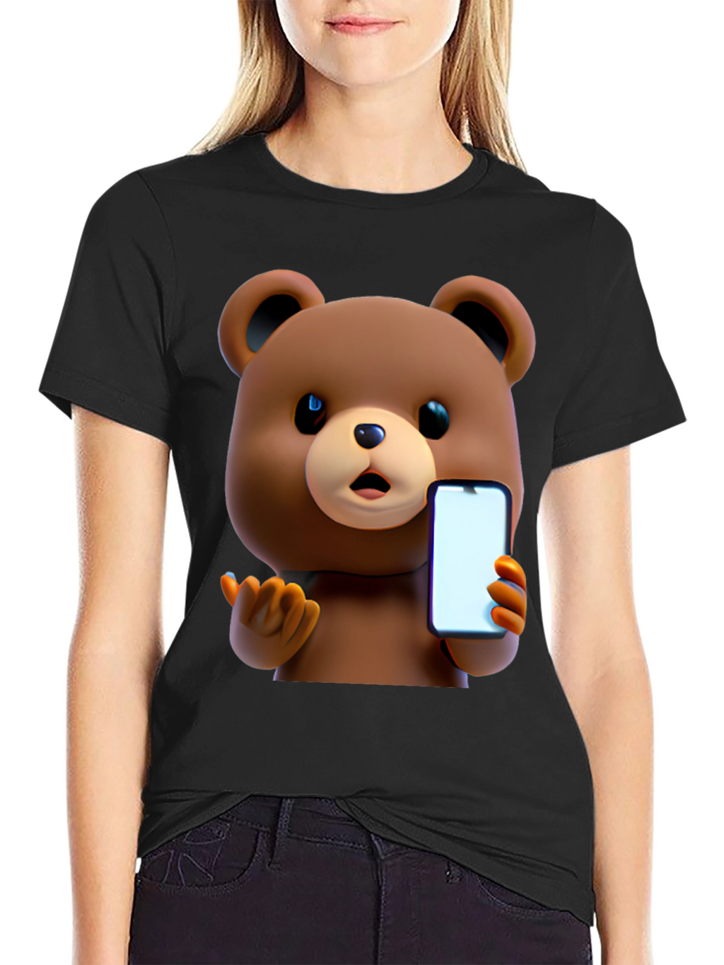 Cute Cartoon Bear Holding Phone T-Shirt