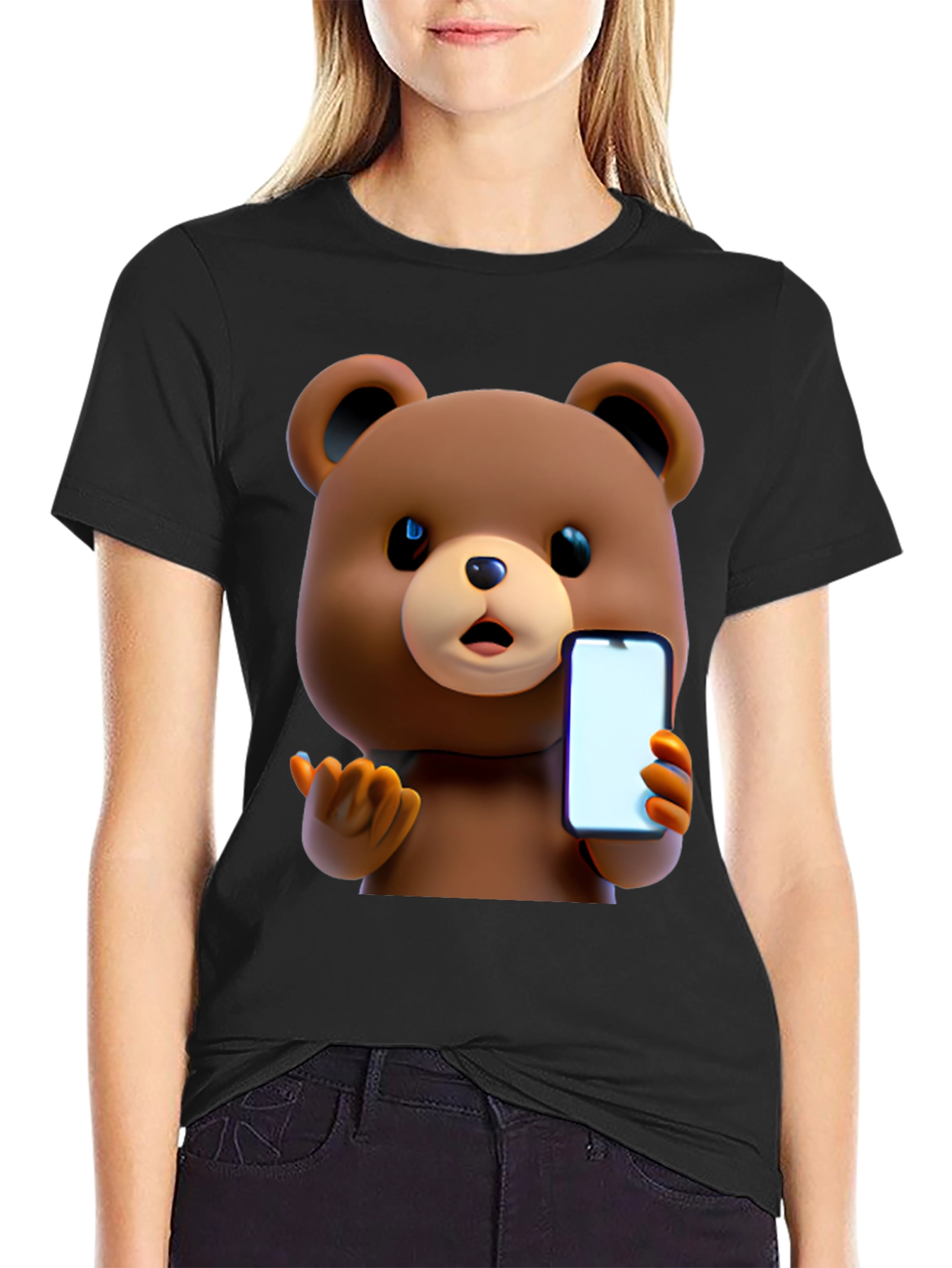 Cute Cartoon Bear Holding Phone T-Shirt