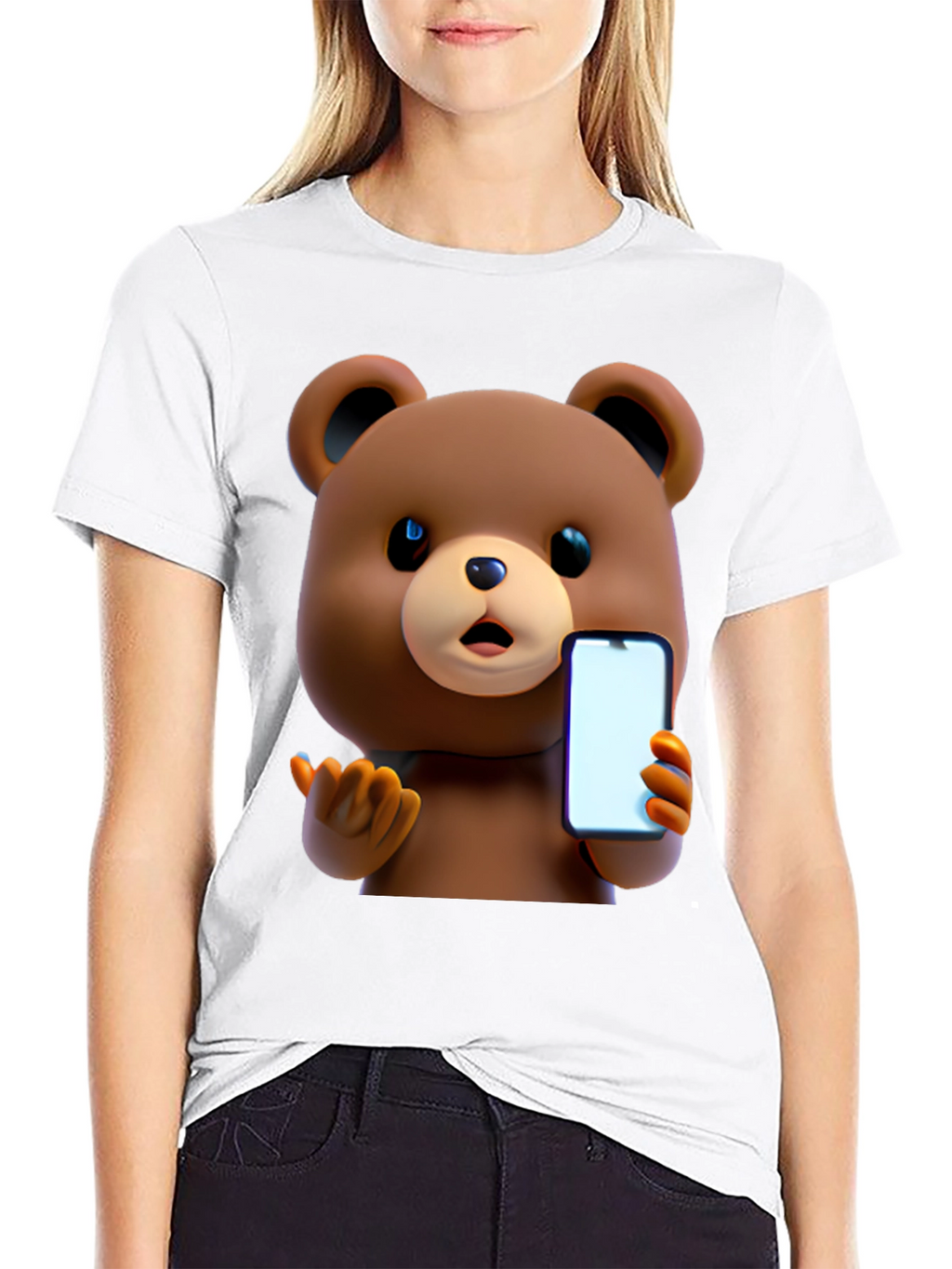 Cute Cartoon Bear Holding Phone T-Shirt