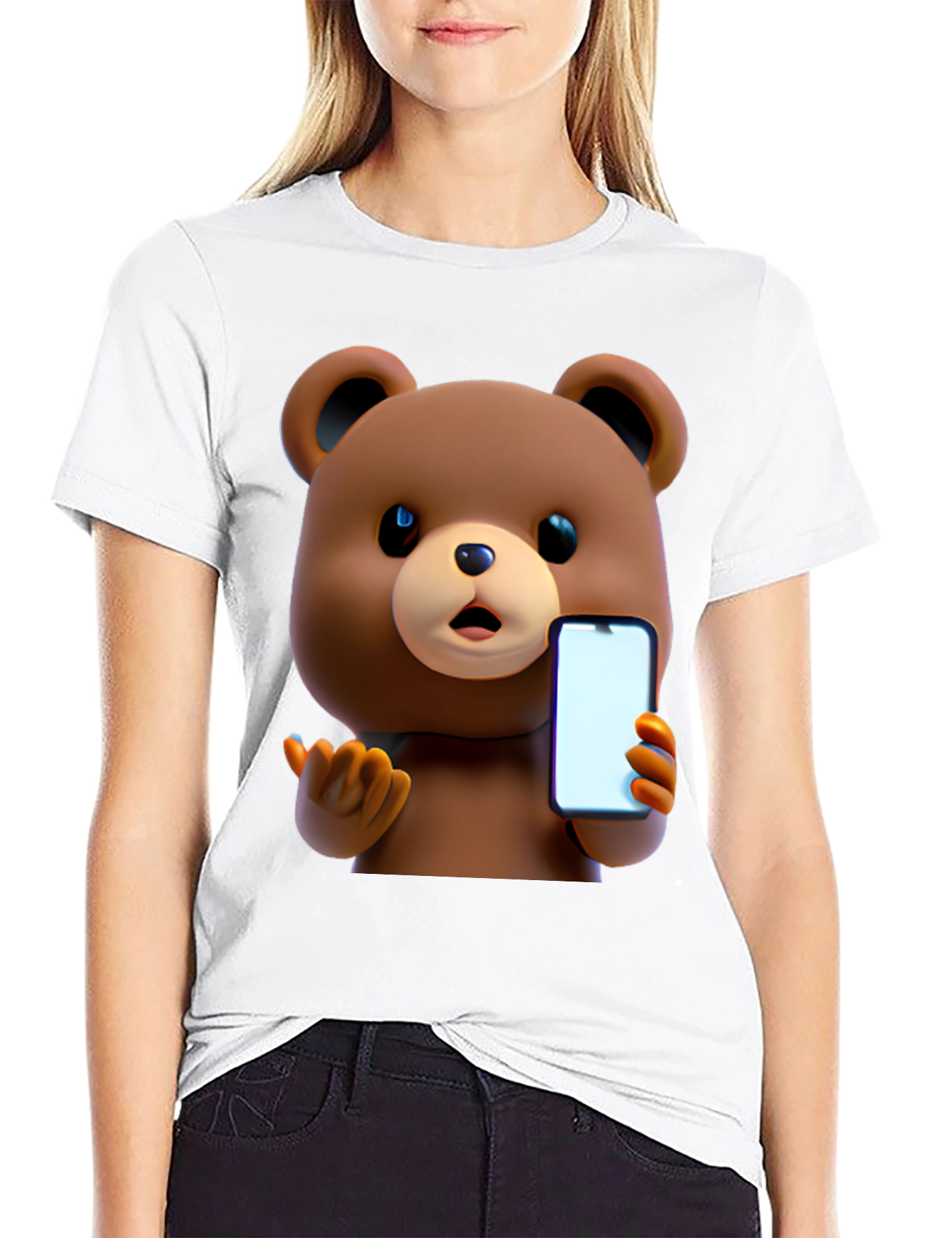 Cute Cartoon Bear Holding Phone T-Shirt