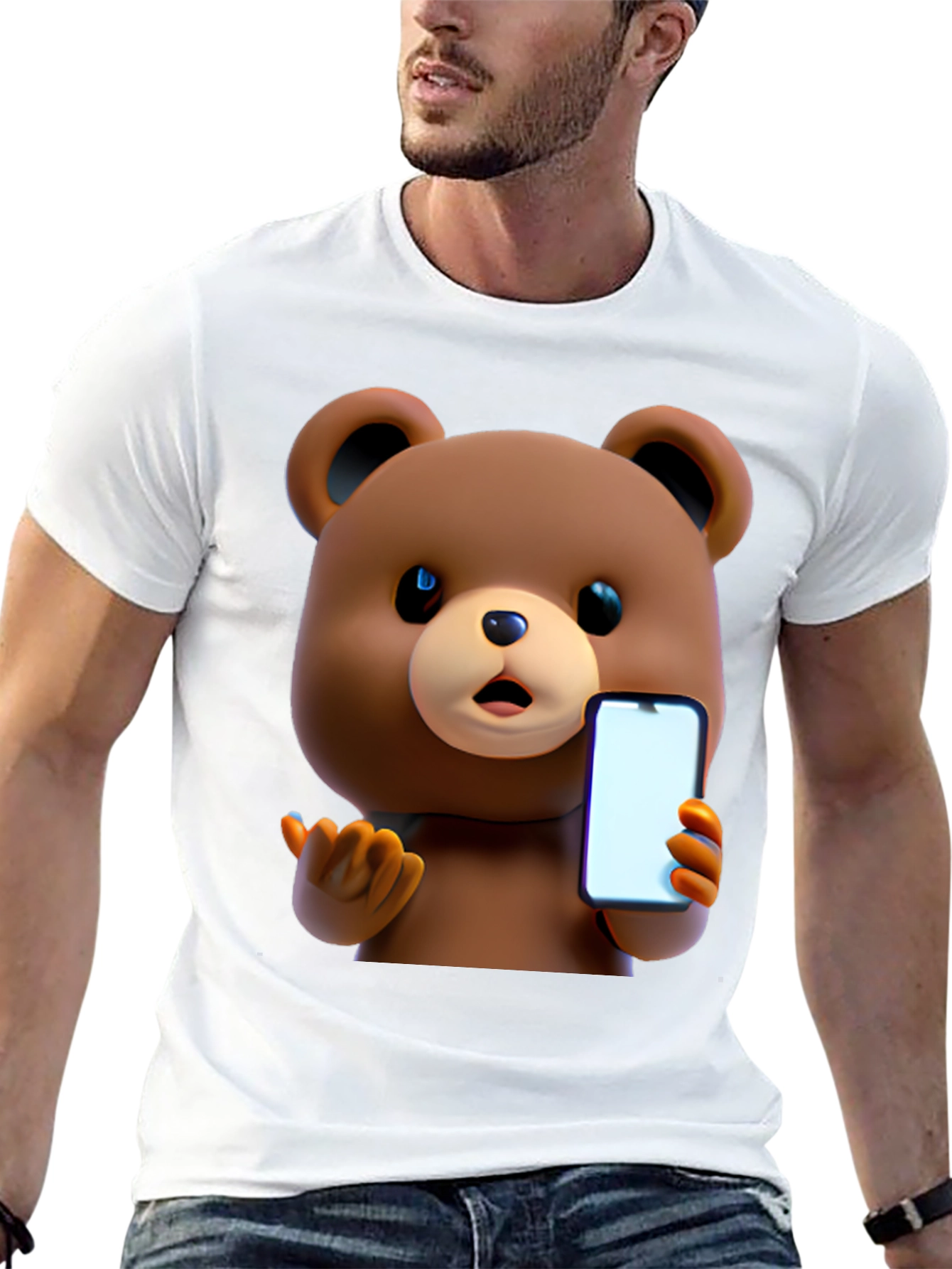 Cute Cartoon Bear Holding Phone T-Shirt