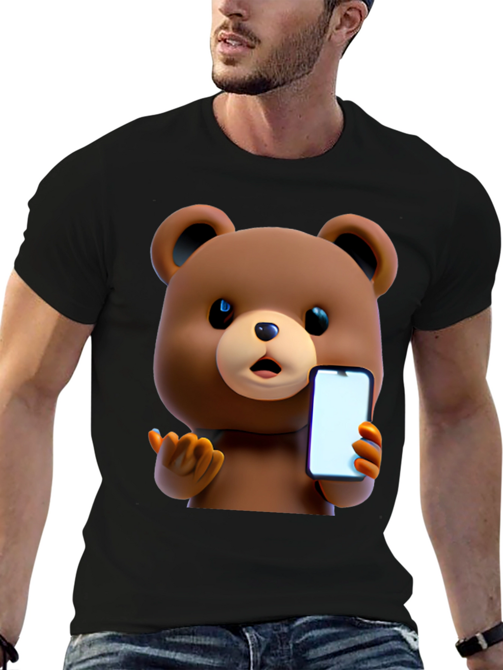 Cute Cartoon Bear Holding Phone T-Shirt