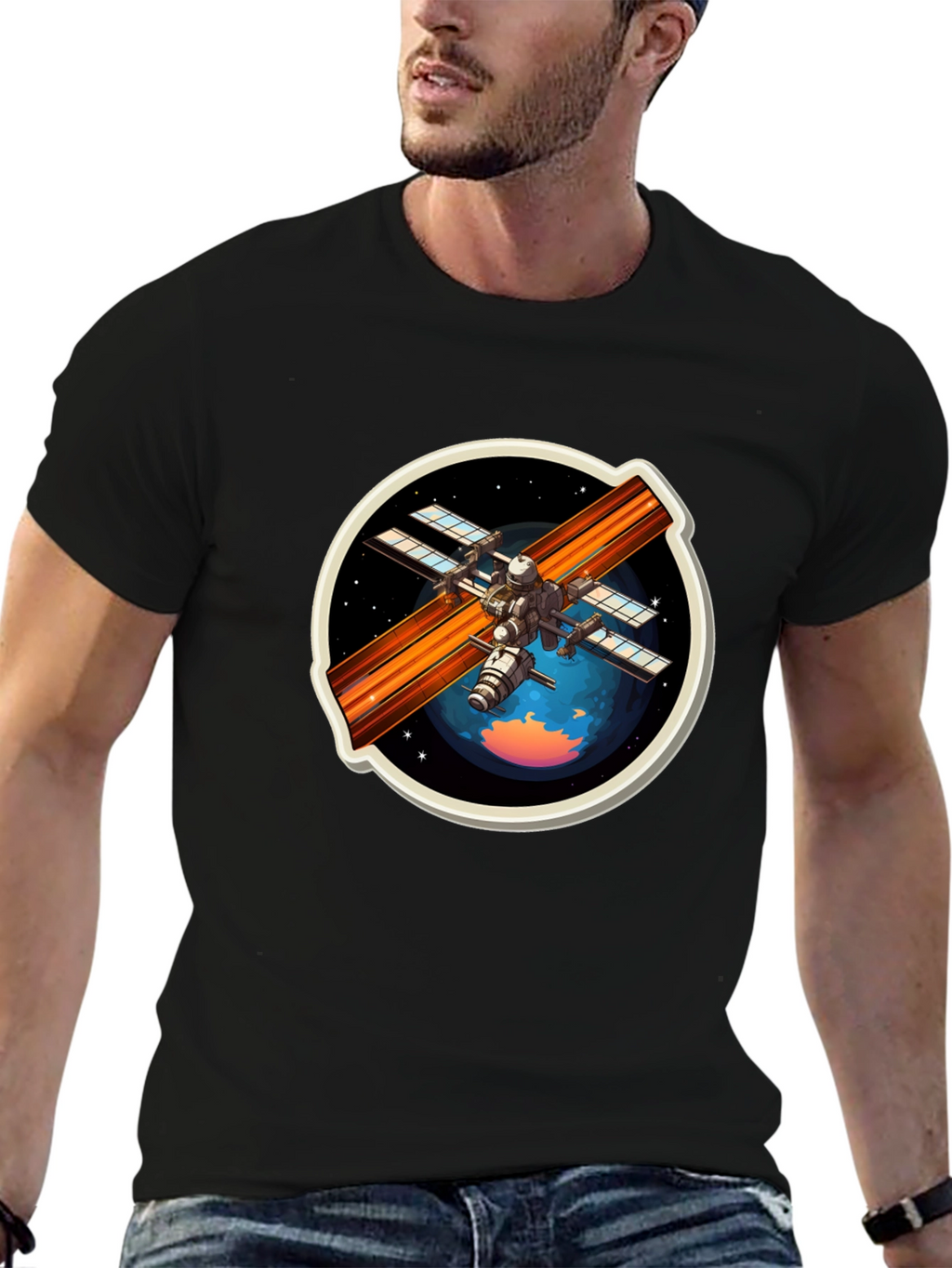Space Station Graphic Tee - Black Crew Neck